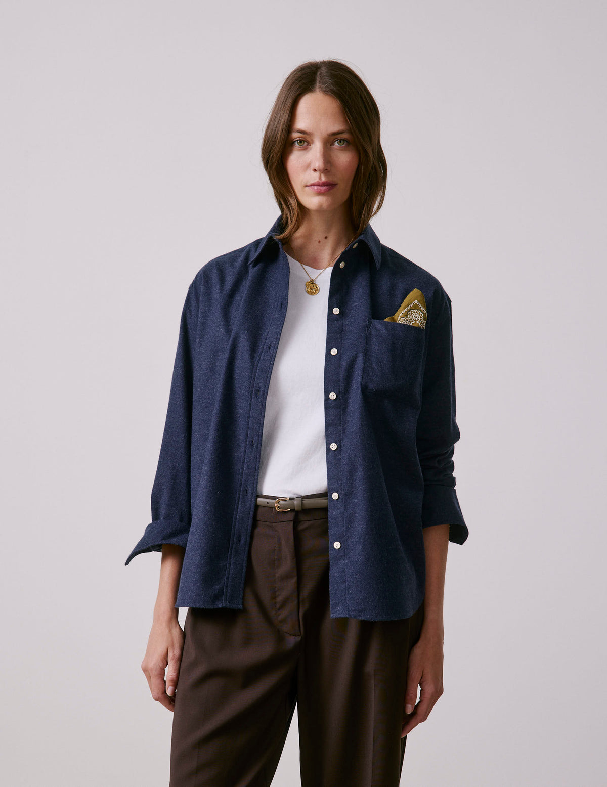 Navy blue flannel and cashmere Charlotte shirt - Flannel - Shirt Collar