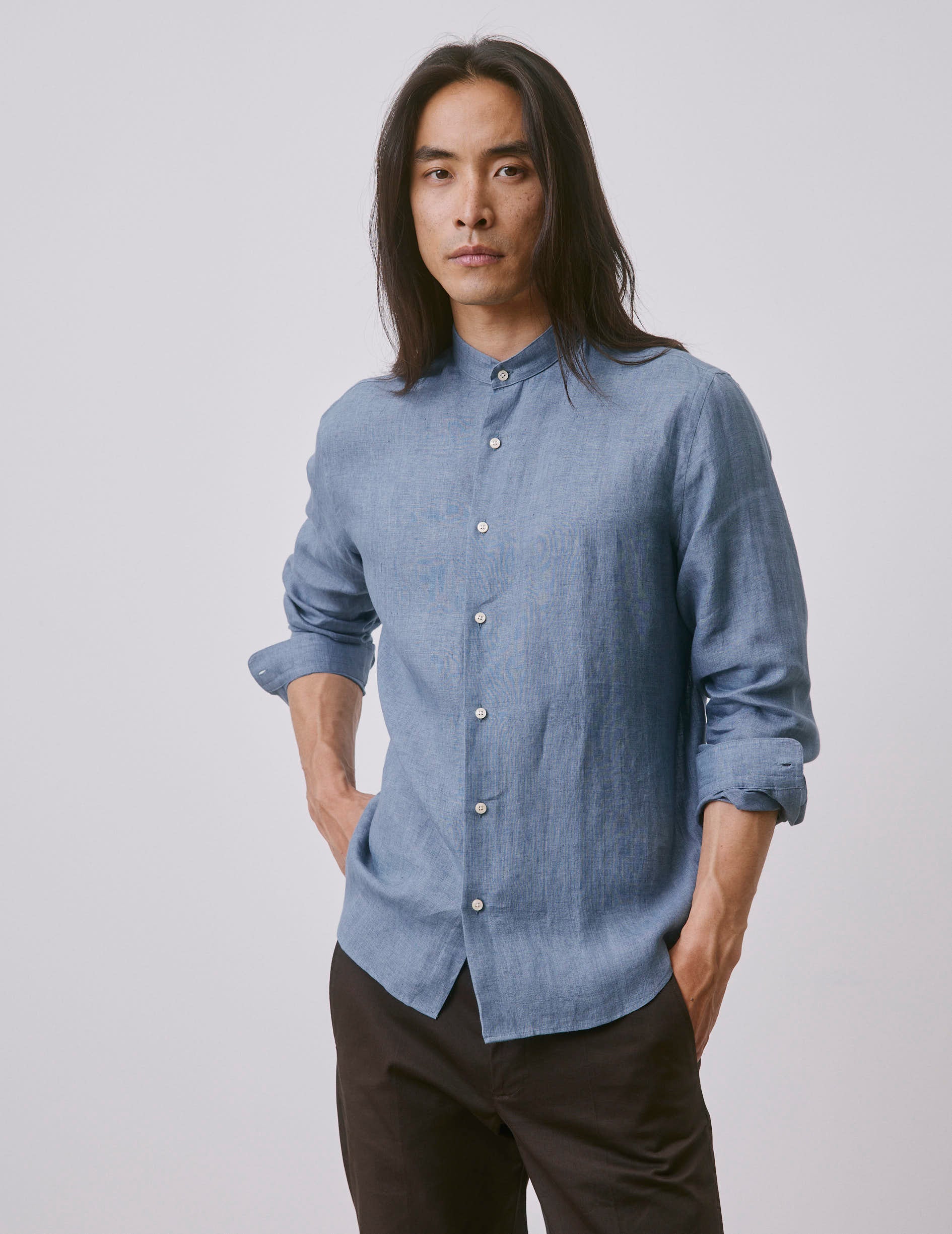 Blue linen Herwin shirt - Linen - Officer Collar