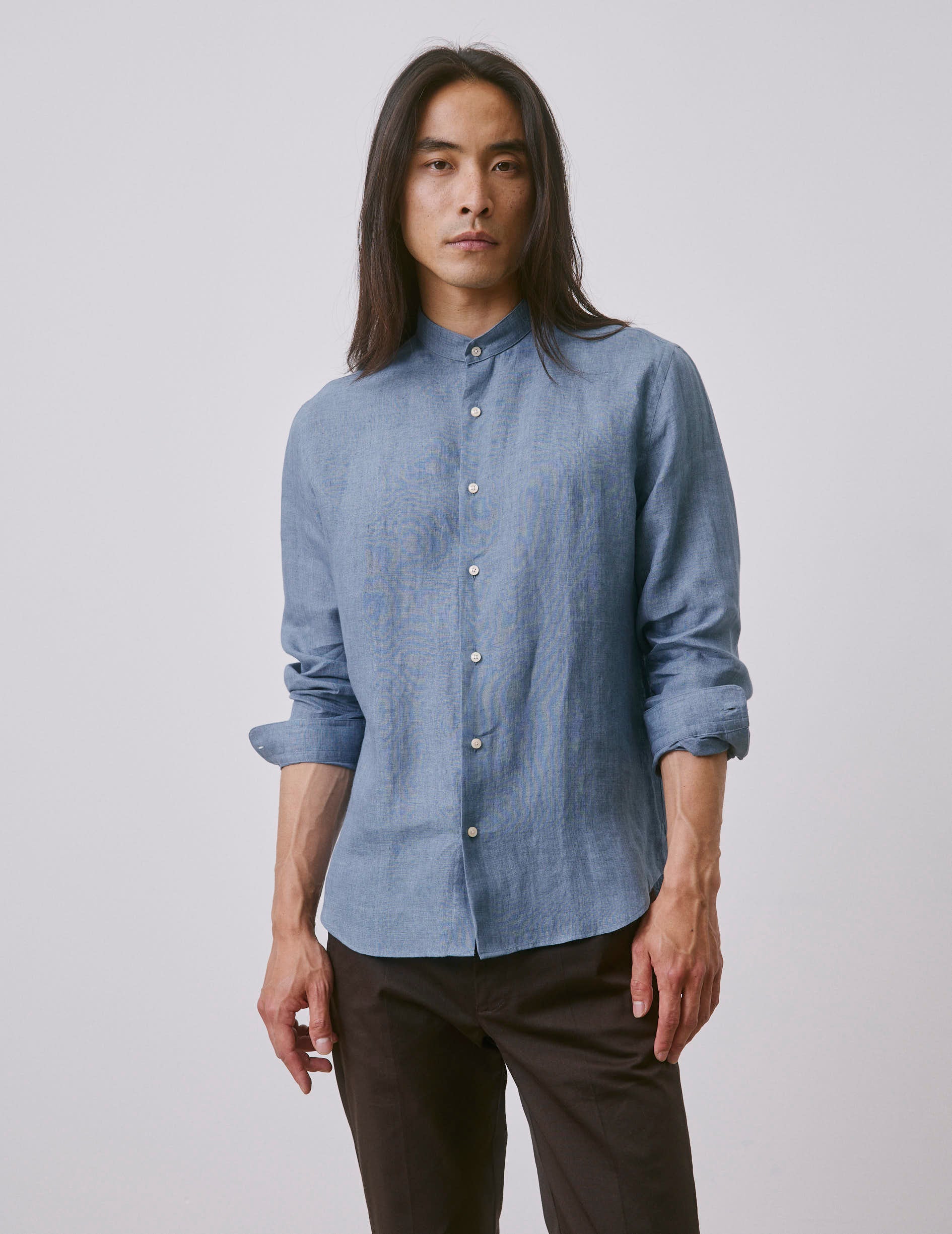 Blue linen Herwin shirt - Linen - Officer Collar