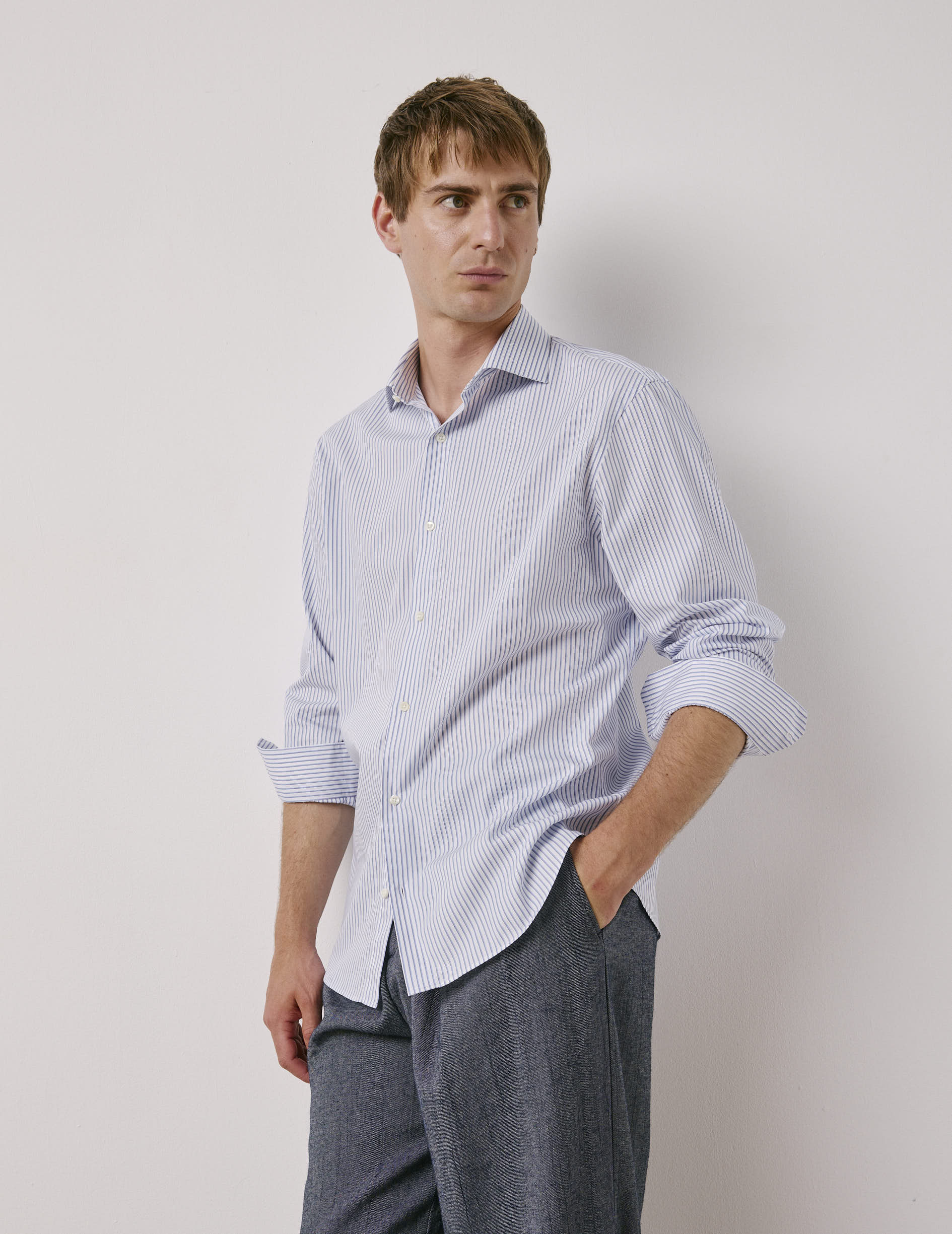 Semi-fitted blue striped shirt - Poplin - Italian Collar