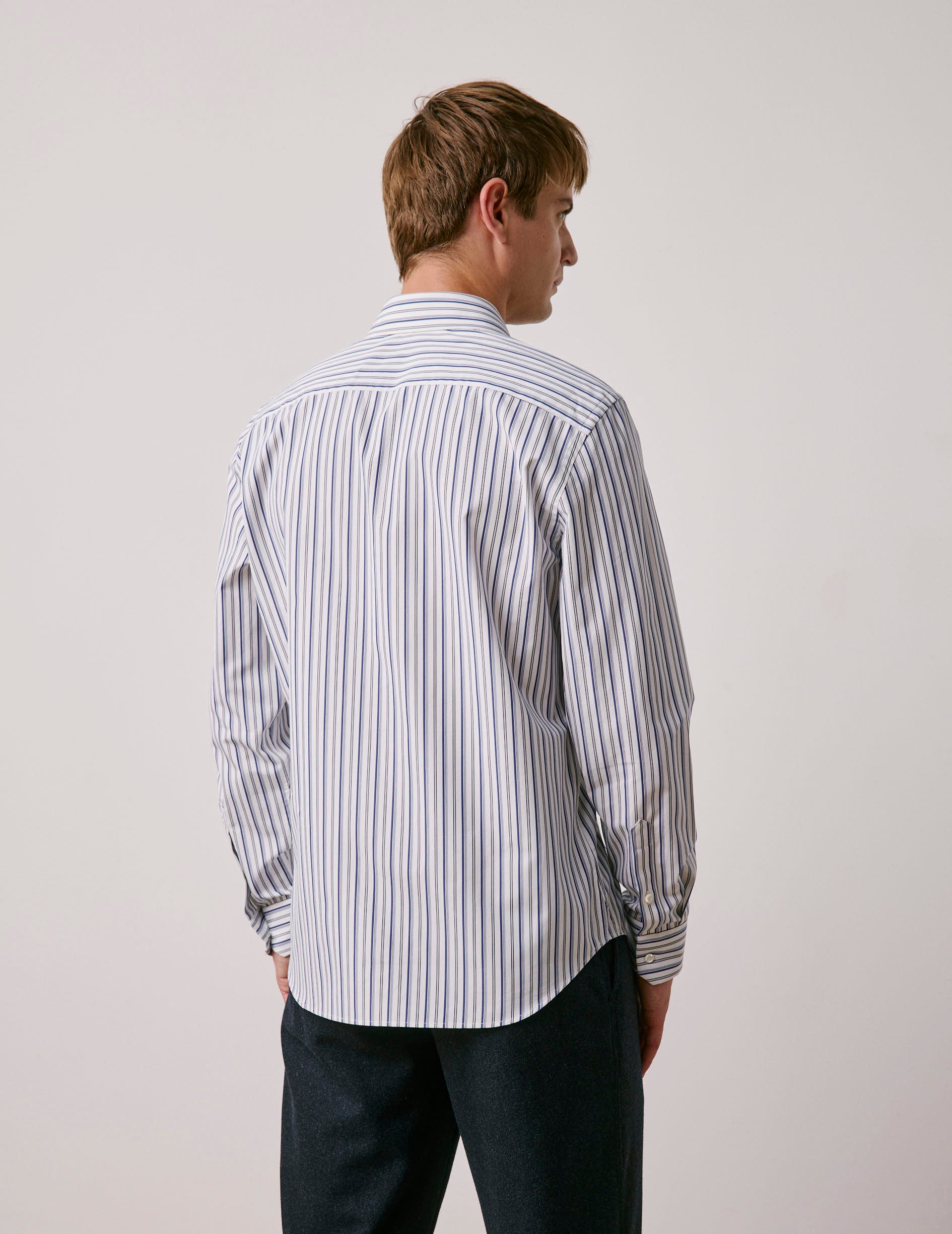 Semi-fitted navy blue striped shirt - Poplin - Italian Collar