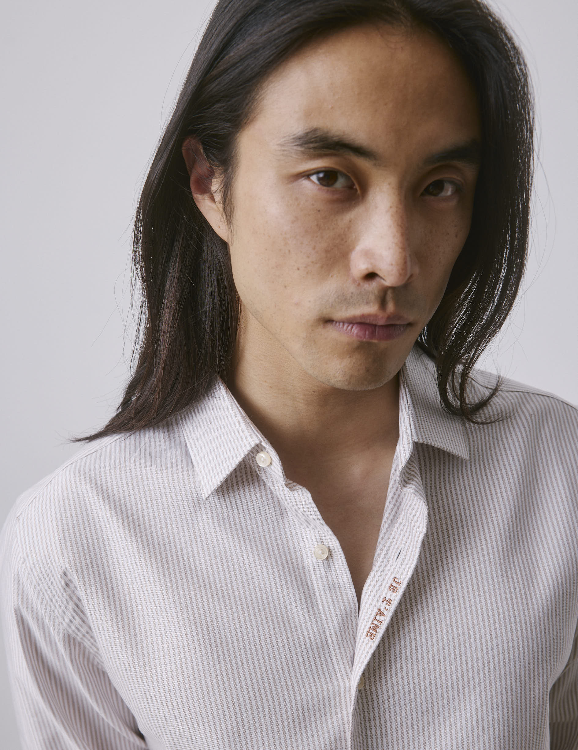 Unisex brown striped “Je t’aime” shirt - Oxford - Figaret Collar