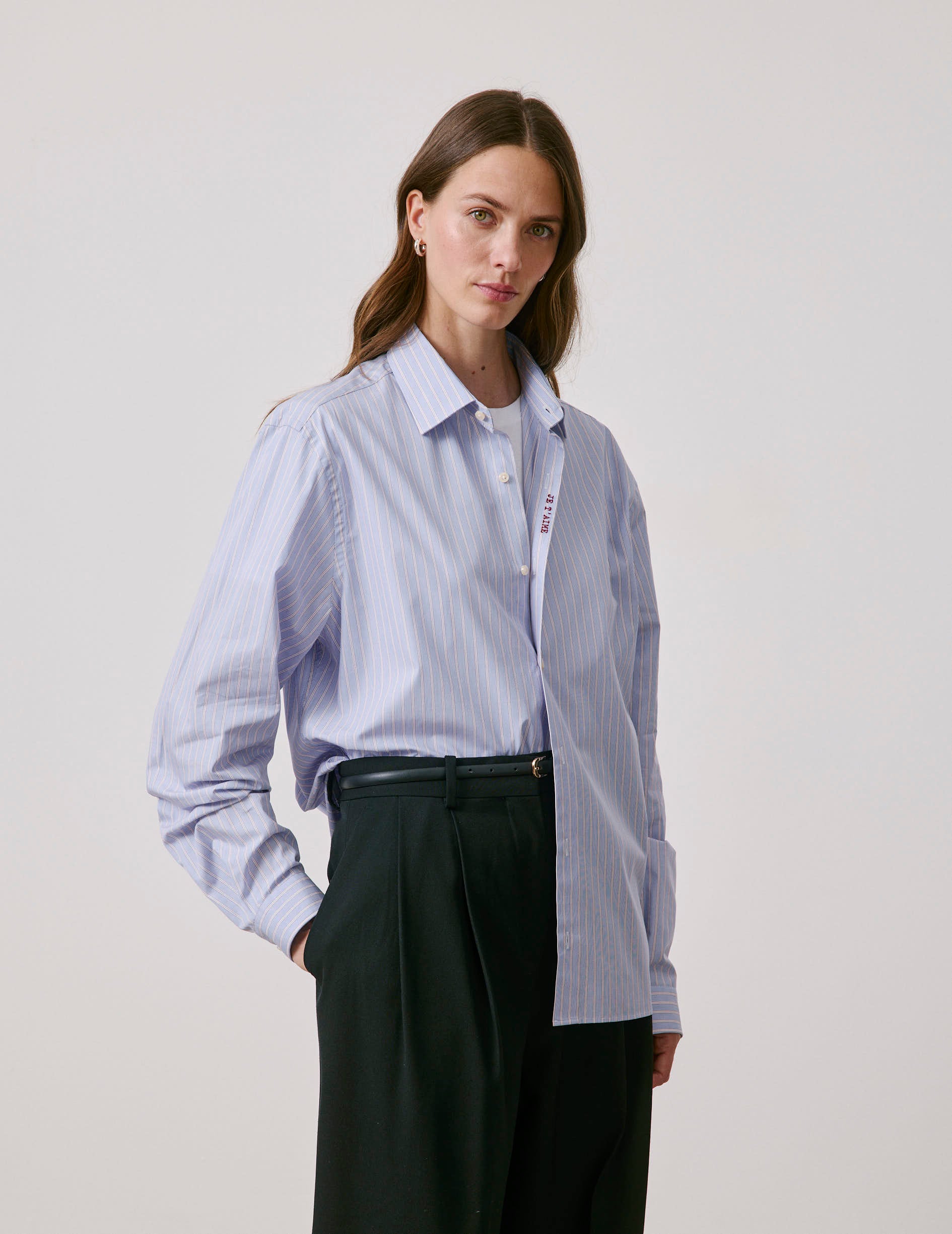 Unisex red striped “Je t’aime” shirt - Poplin - Figaret Collar
