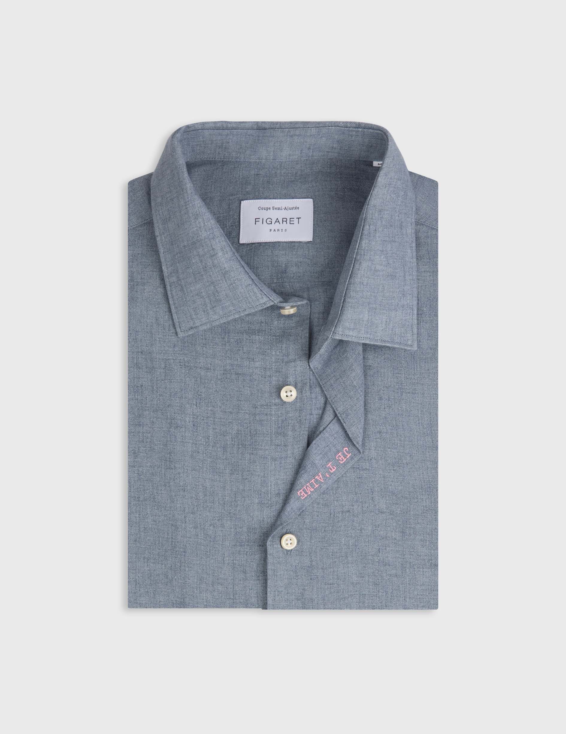 Unisex blue linen “Je t’aime” shirt - Linen - Figaret Collar