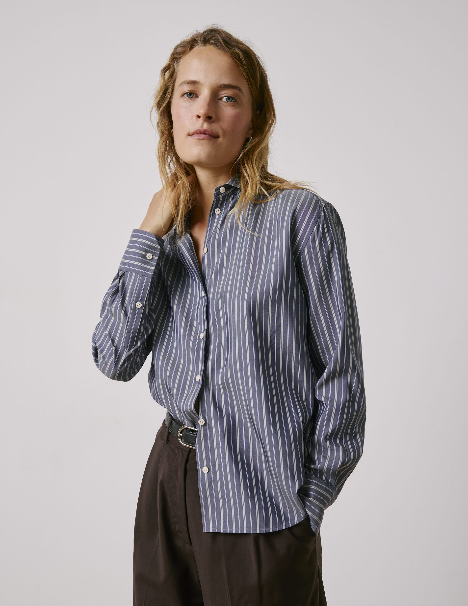Navy striped Mélinda shirt - Silk - Italian Collar