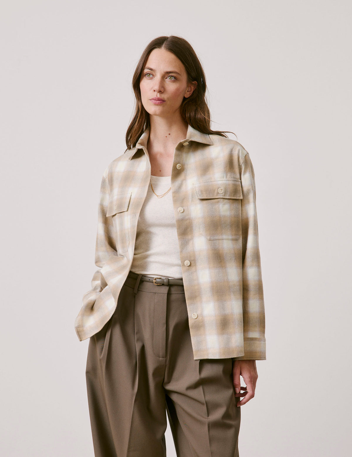 Beige check flannel Milena overshirt - Flannel - Shirt without collar stand Collar