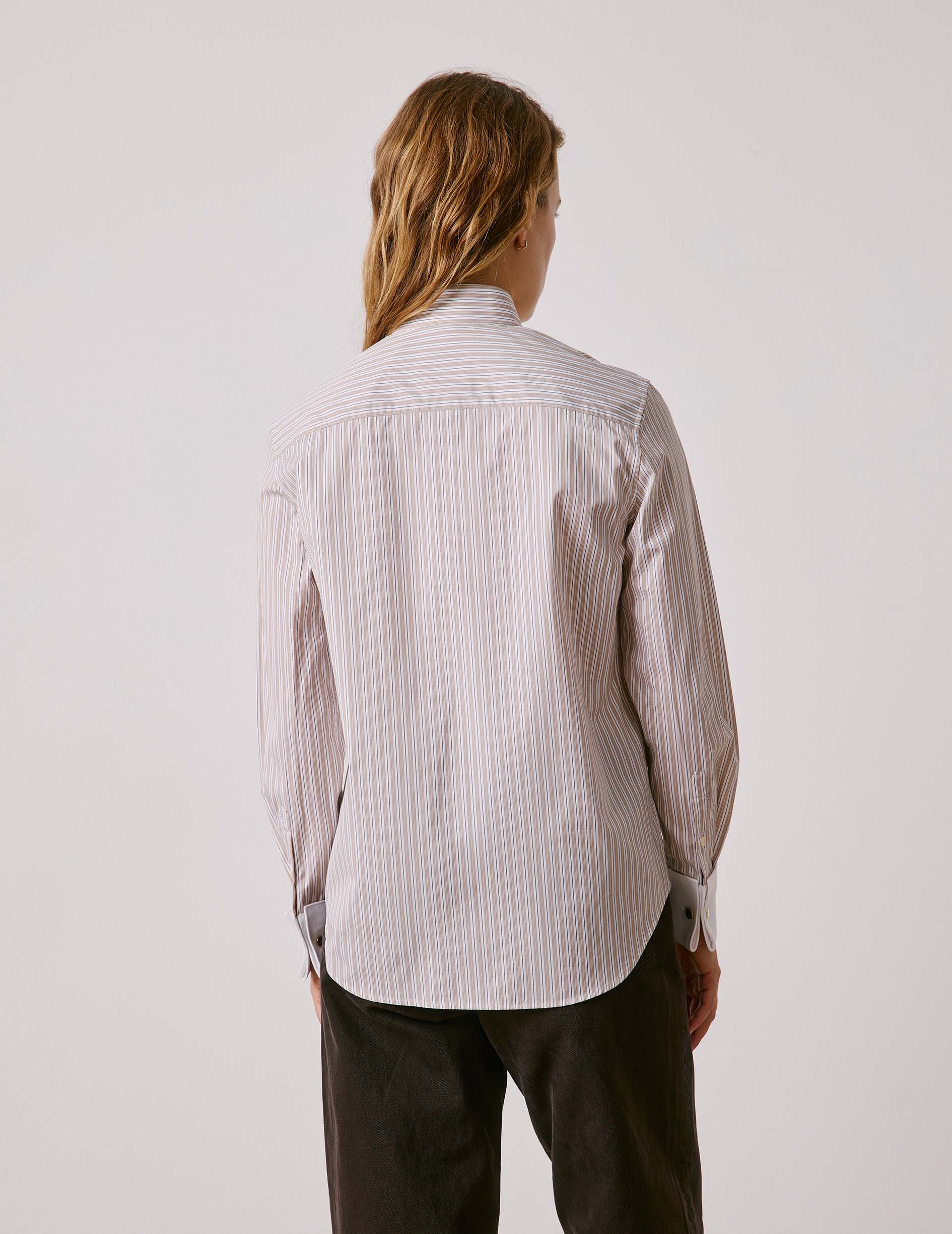 Beige striped Nadine shirt - Poplin - Broken Collar - Musketeers Cuffs