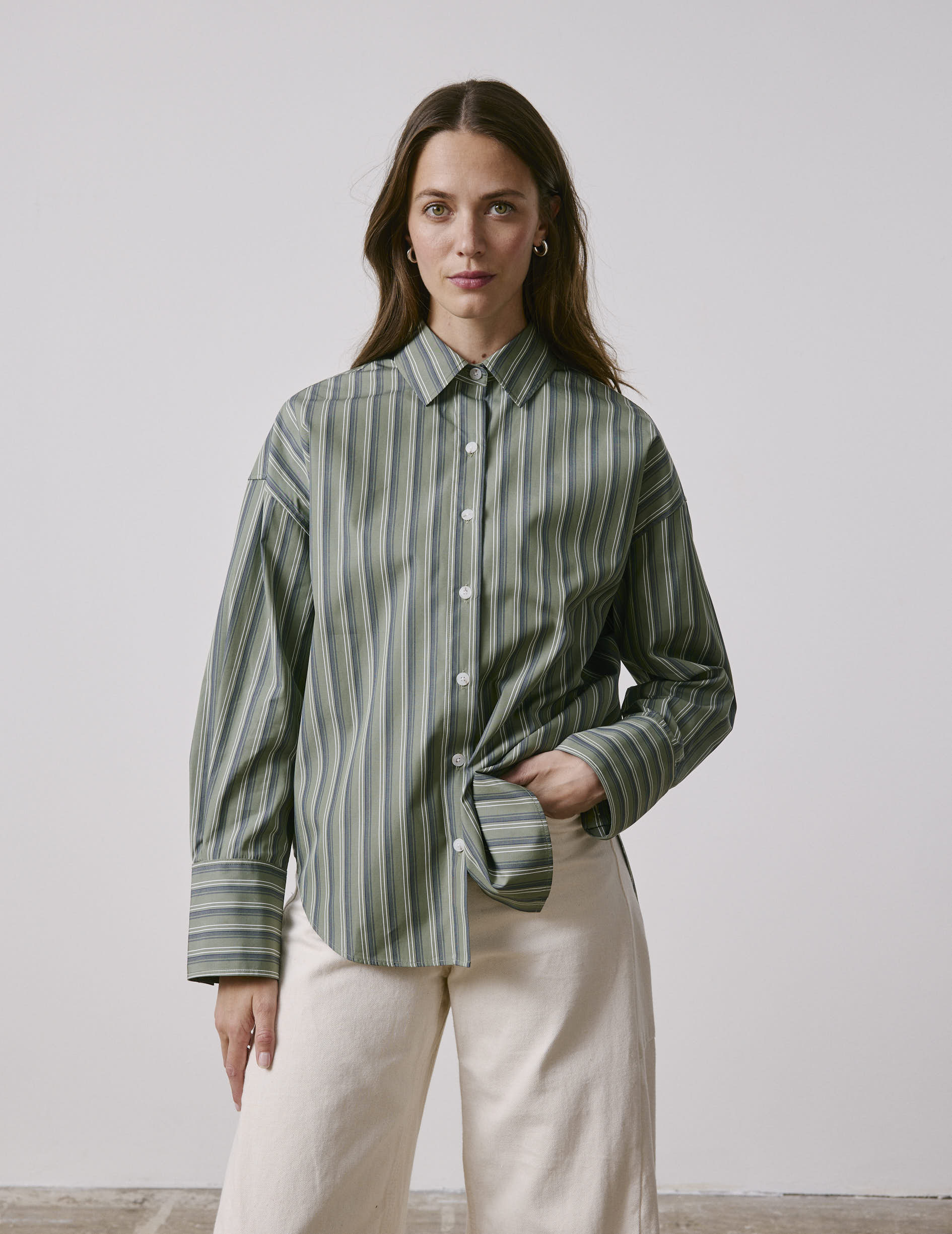 Khaki striped Noliana shirt - Poplin - Shirt Collar
