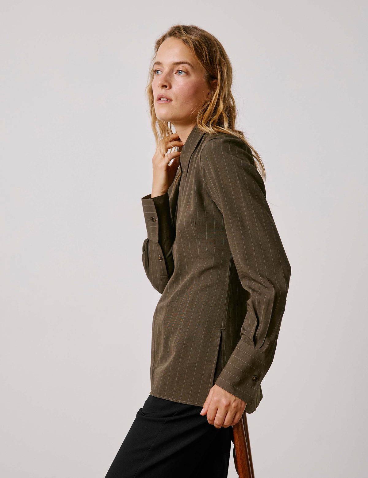 Khaki striped Pétale shirt - Viscose - Long Collar