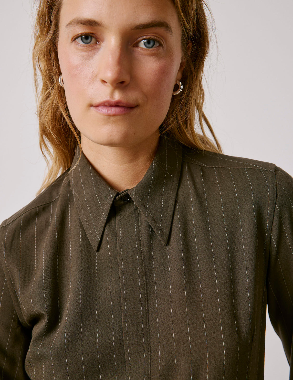 Khaki striped Pétale shirt - Viscose - Long Collar
