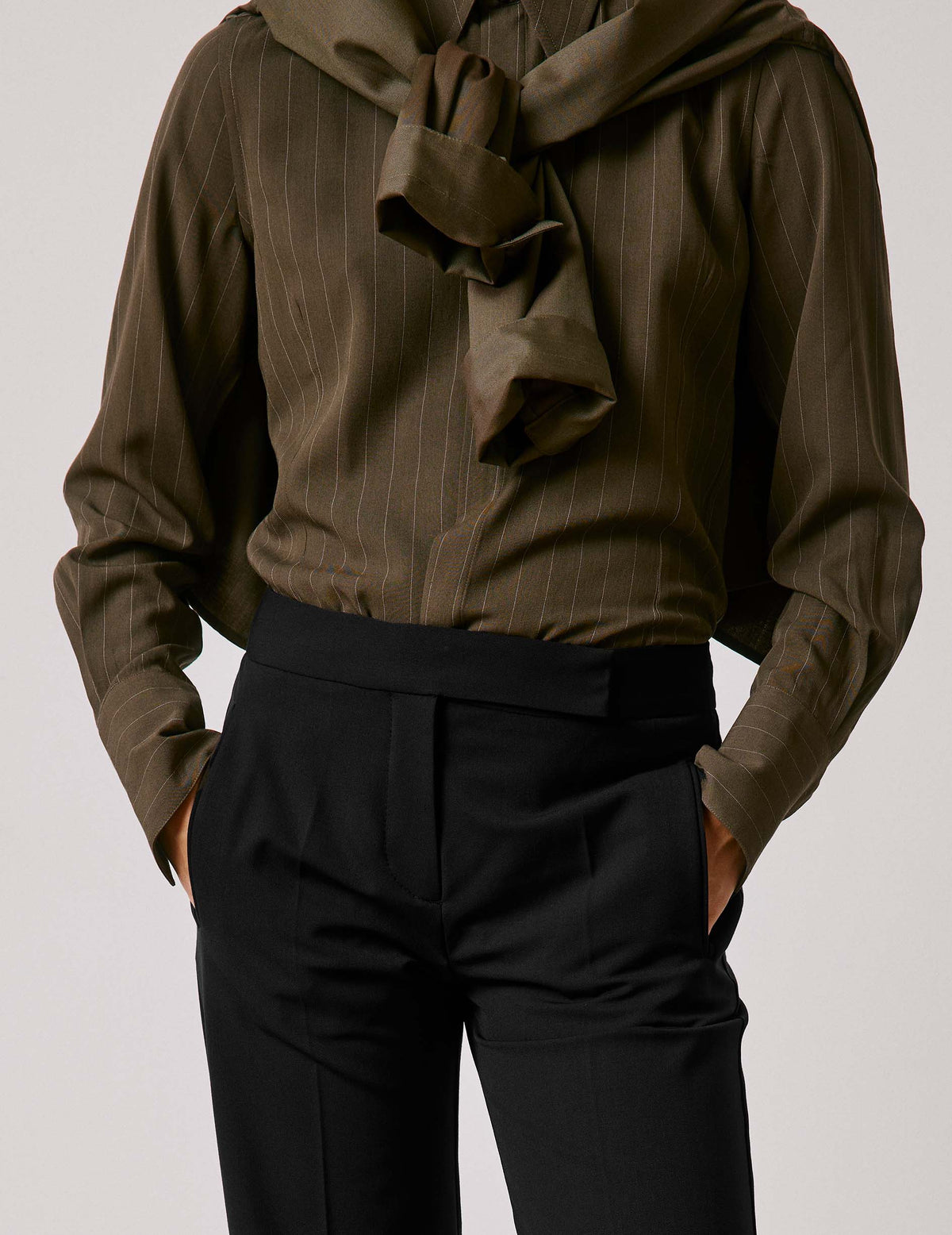 Khaki striped Pétale shirt - Viscose - Long Collar