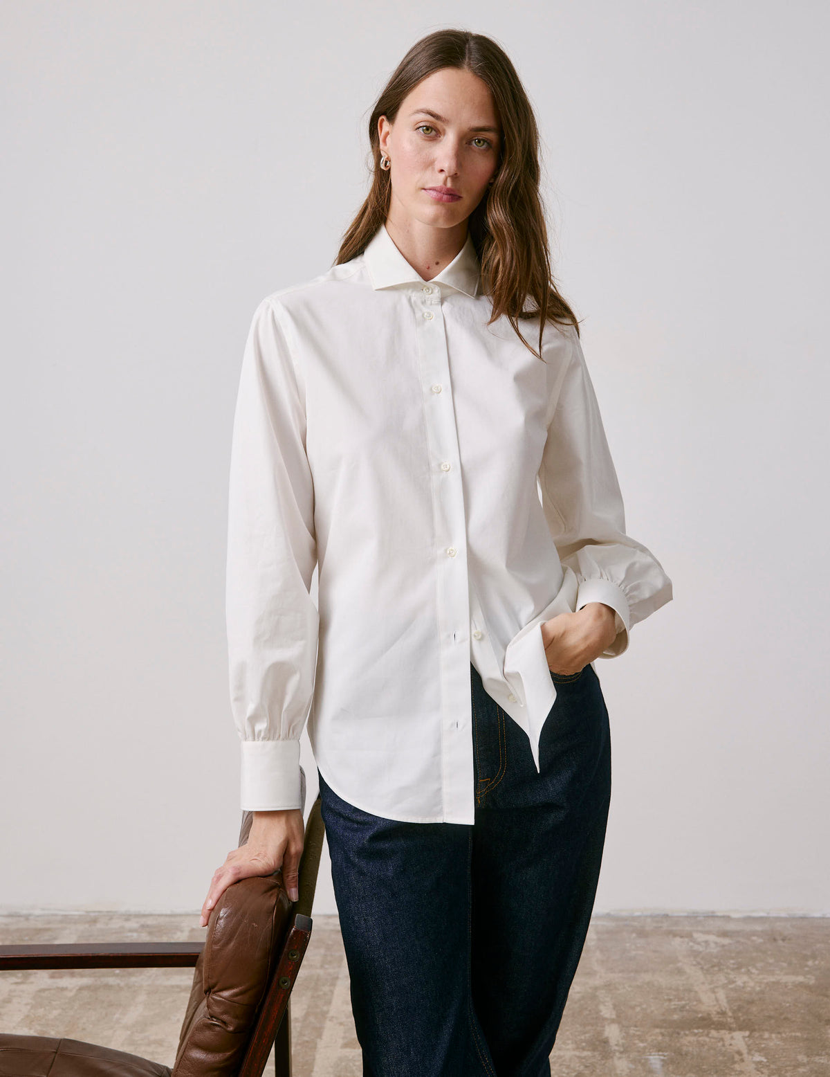Ecru removable pussybow collar Pétula shirt - Poplin - Cravat Collar