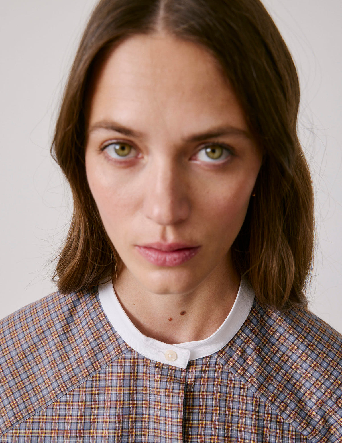 Camel check oversized Pia shirt - Poplin - Officer Collar