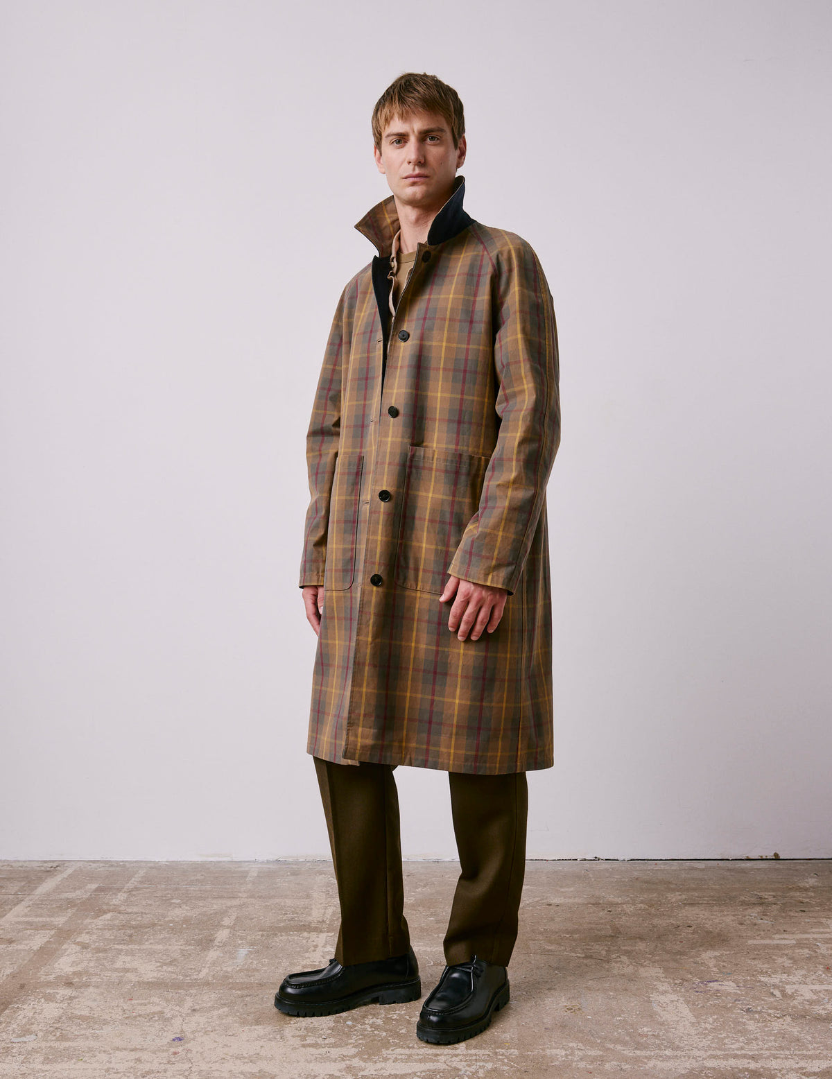 Reversible brown check Preston trench coat