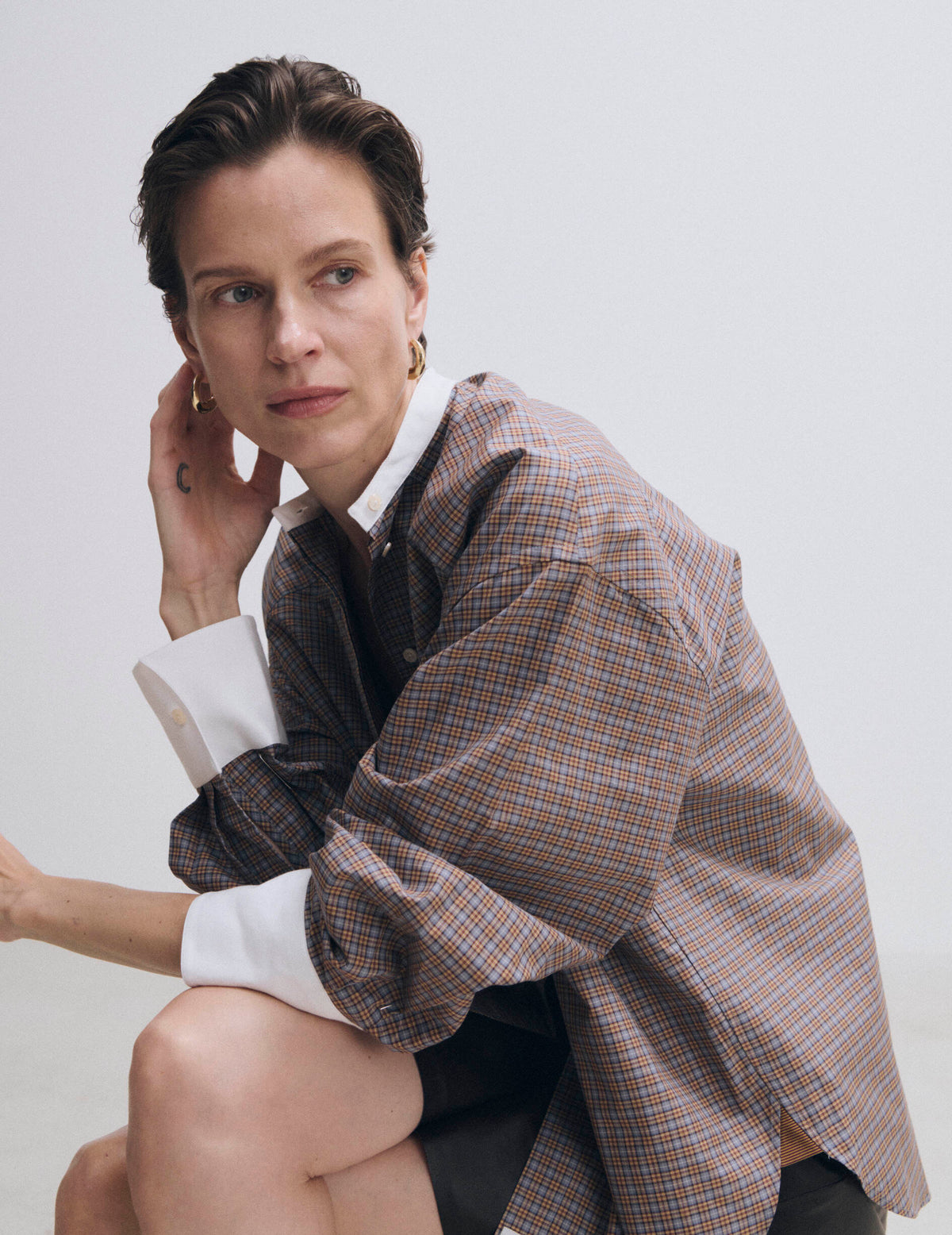 Camel check oversized Pia shirt - Poplin - Officer Collar