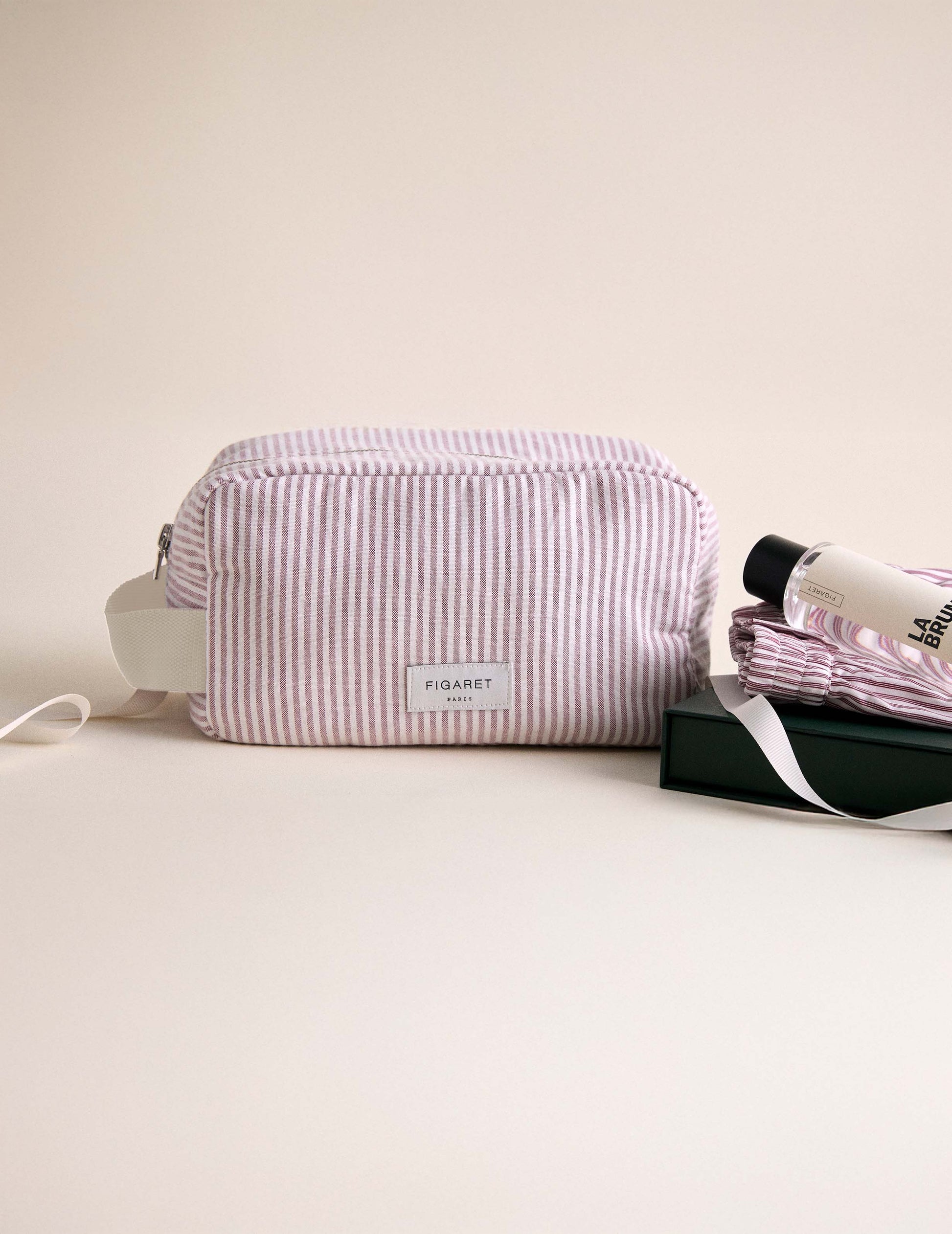 Burgundy striped toiletry bag