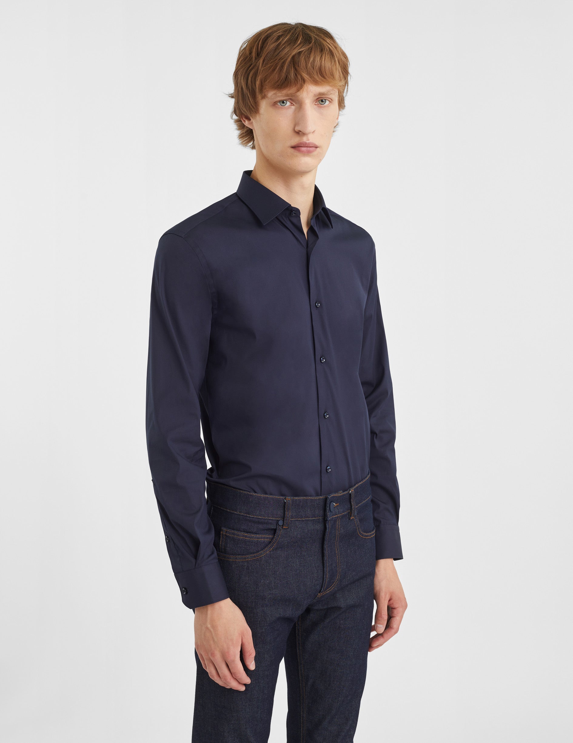Fitted navy stretch shirt - Poplin - Figaret Collar
