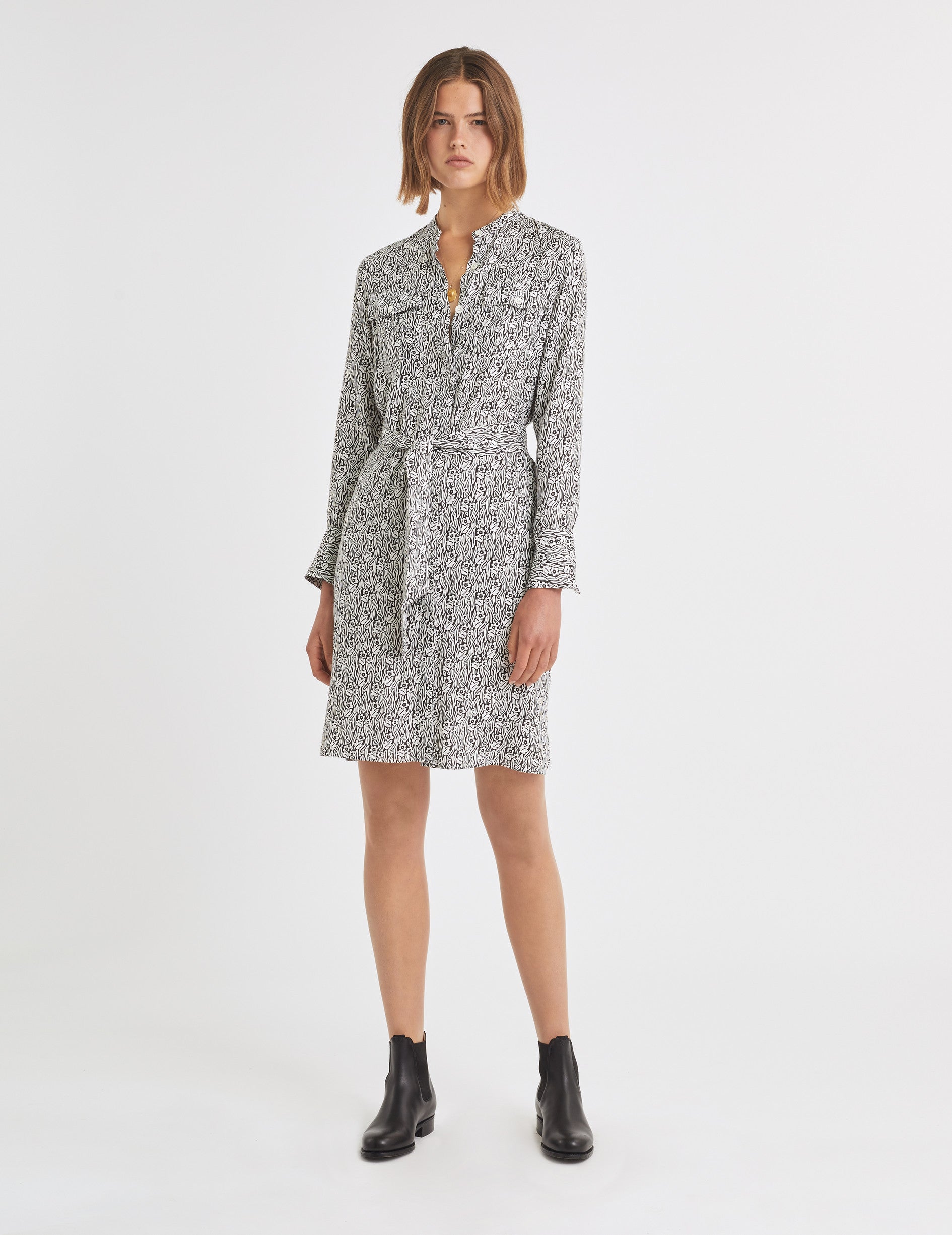 Ava dress in black and white printed viscose
