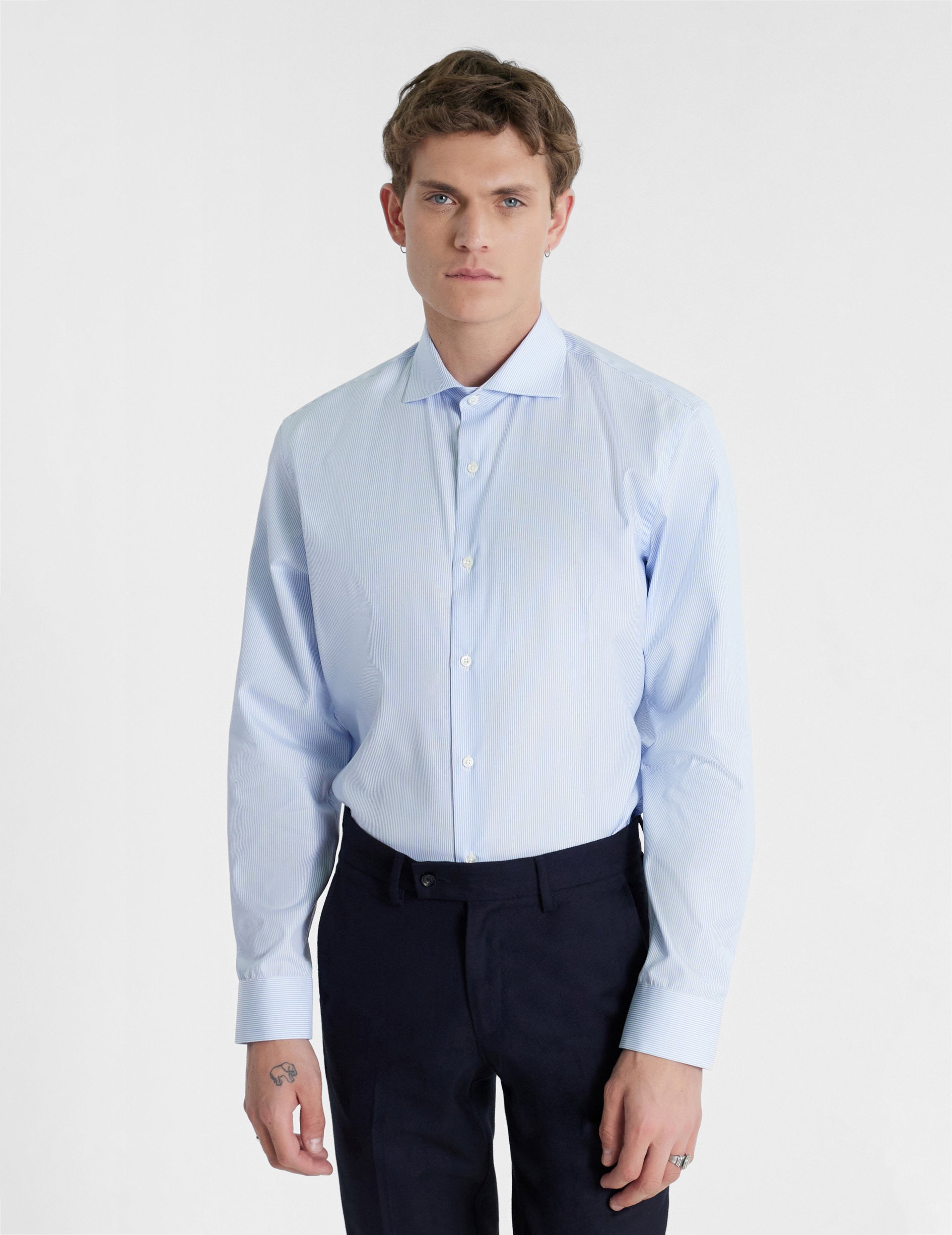 Semi-fitted blue striped shirt - Poplin - Italian Collar