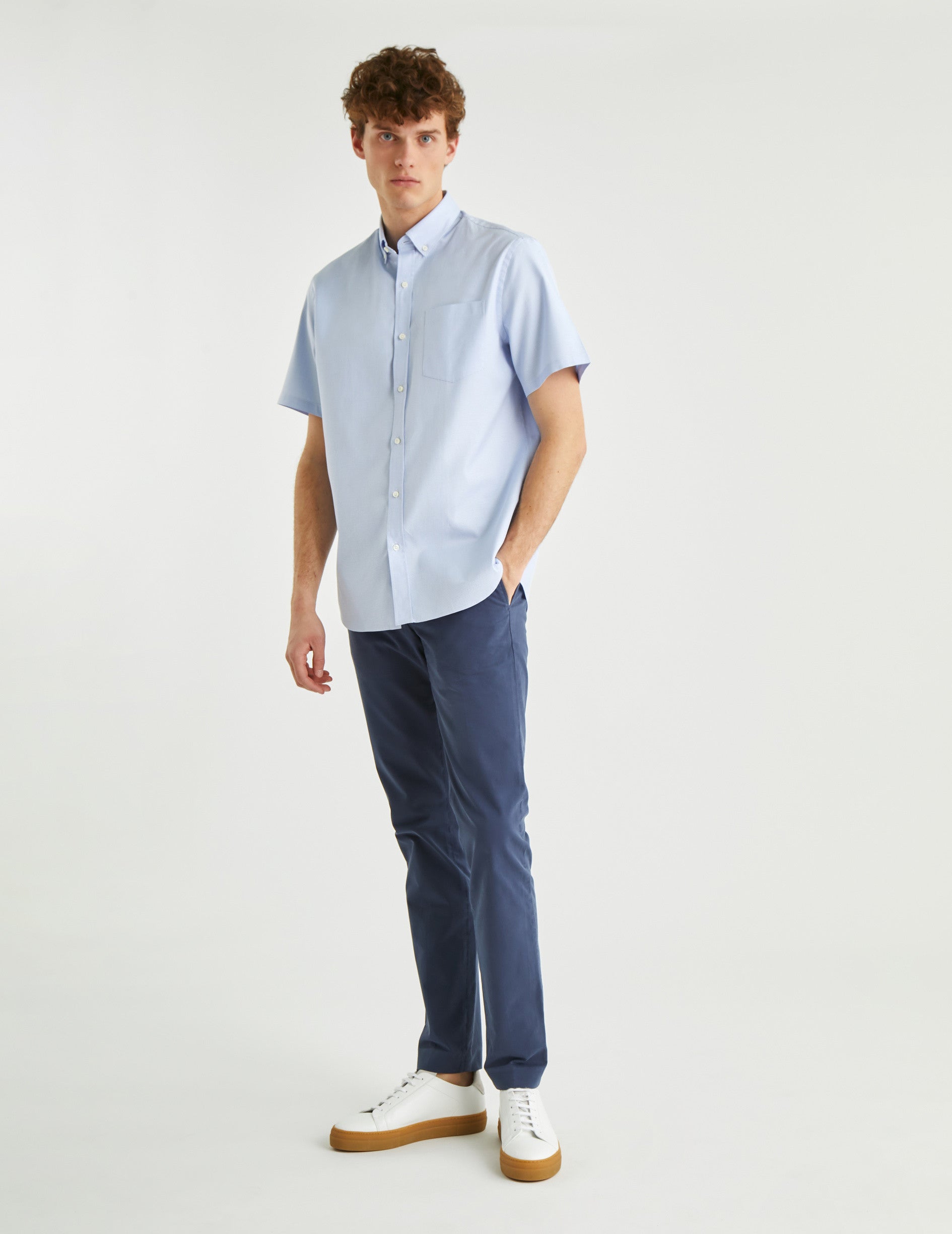 Classic blue short sleeves shirt - Dobby - American Collar