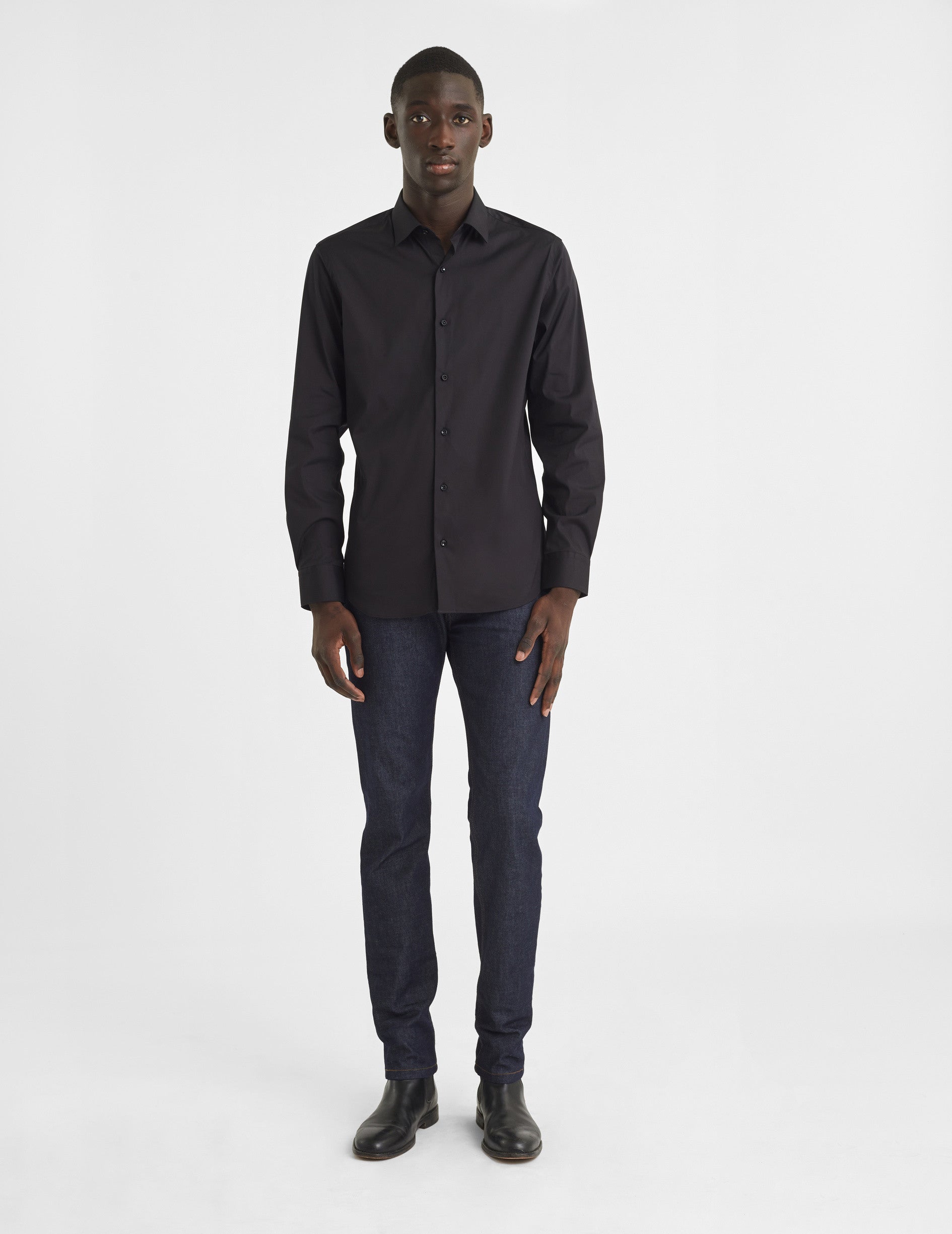 Semi-fitted black stretch shirt - Poplin - Figaret Collar