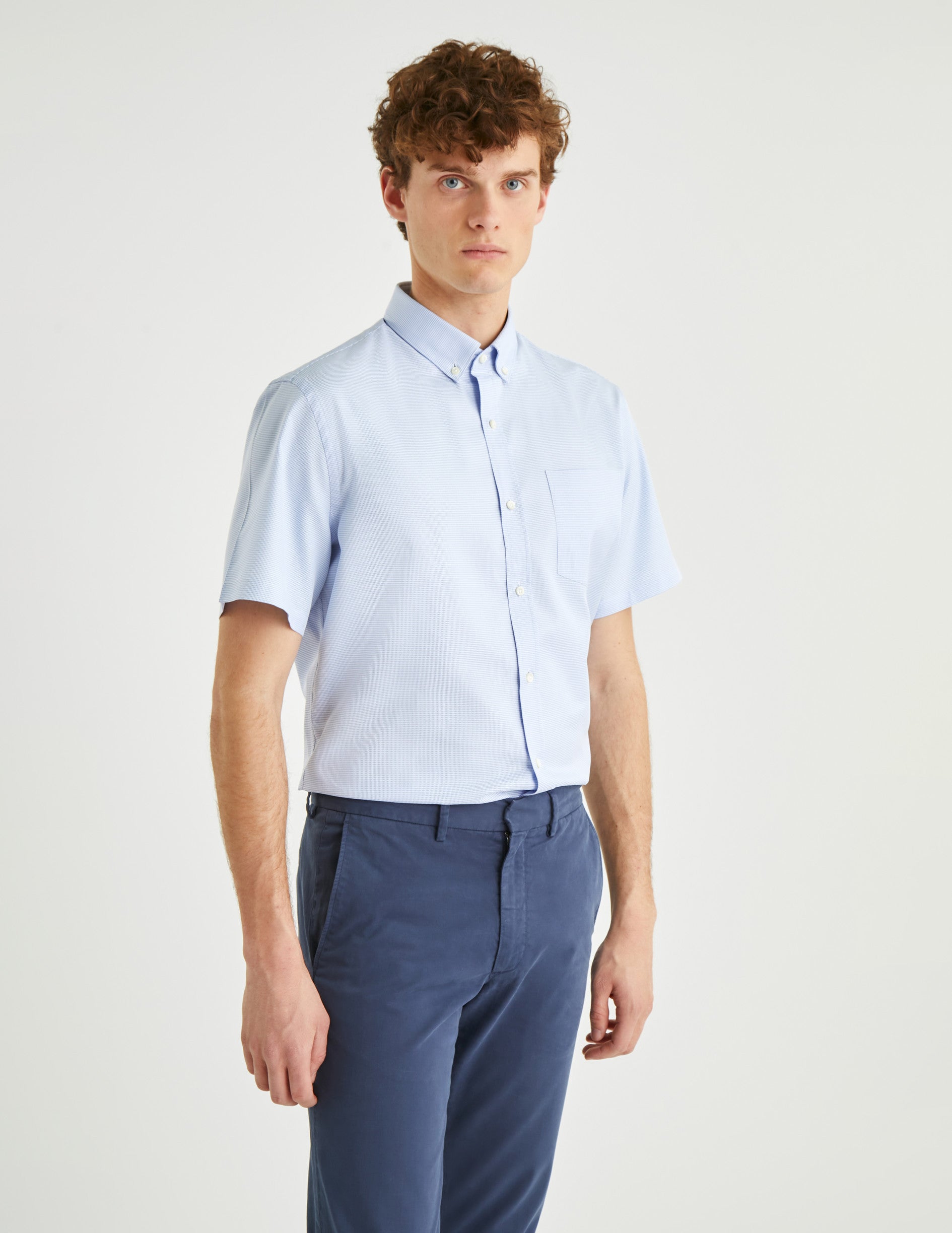 Classic blue short sleeves shirt - Dobby - American Collar