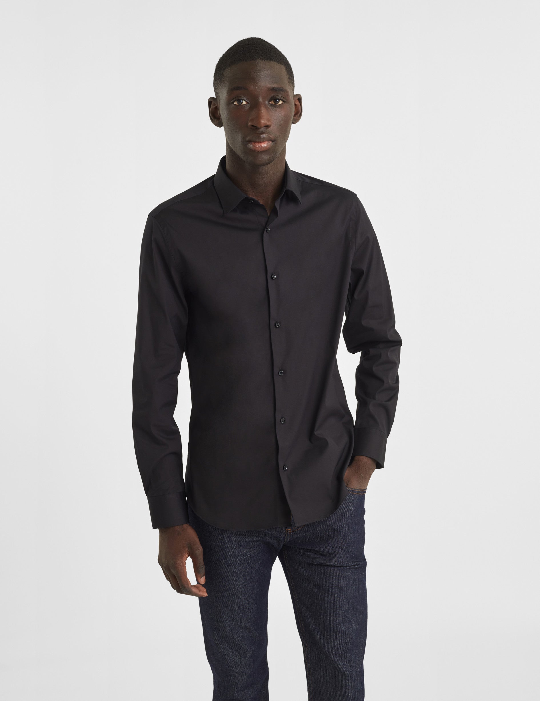 Semi-fitted black stretch shirt - Poplin - Figaret Collar