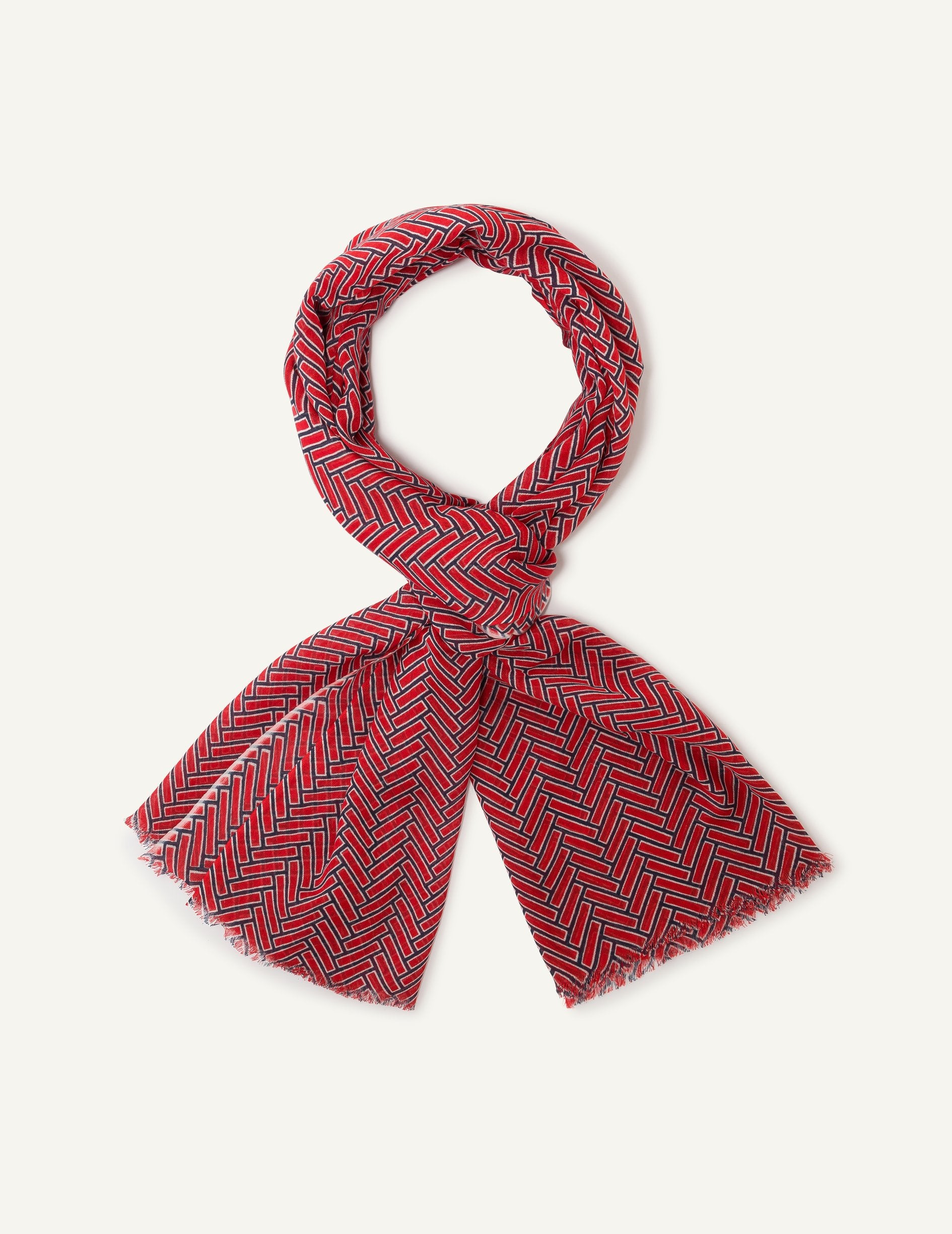 Red scarf with geometric patterns