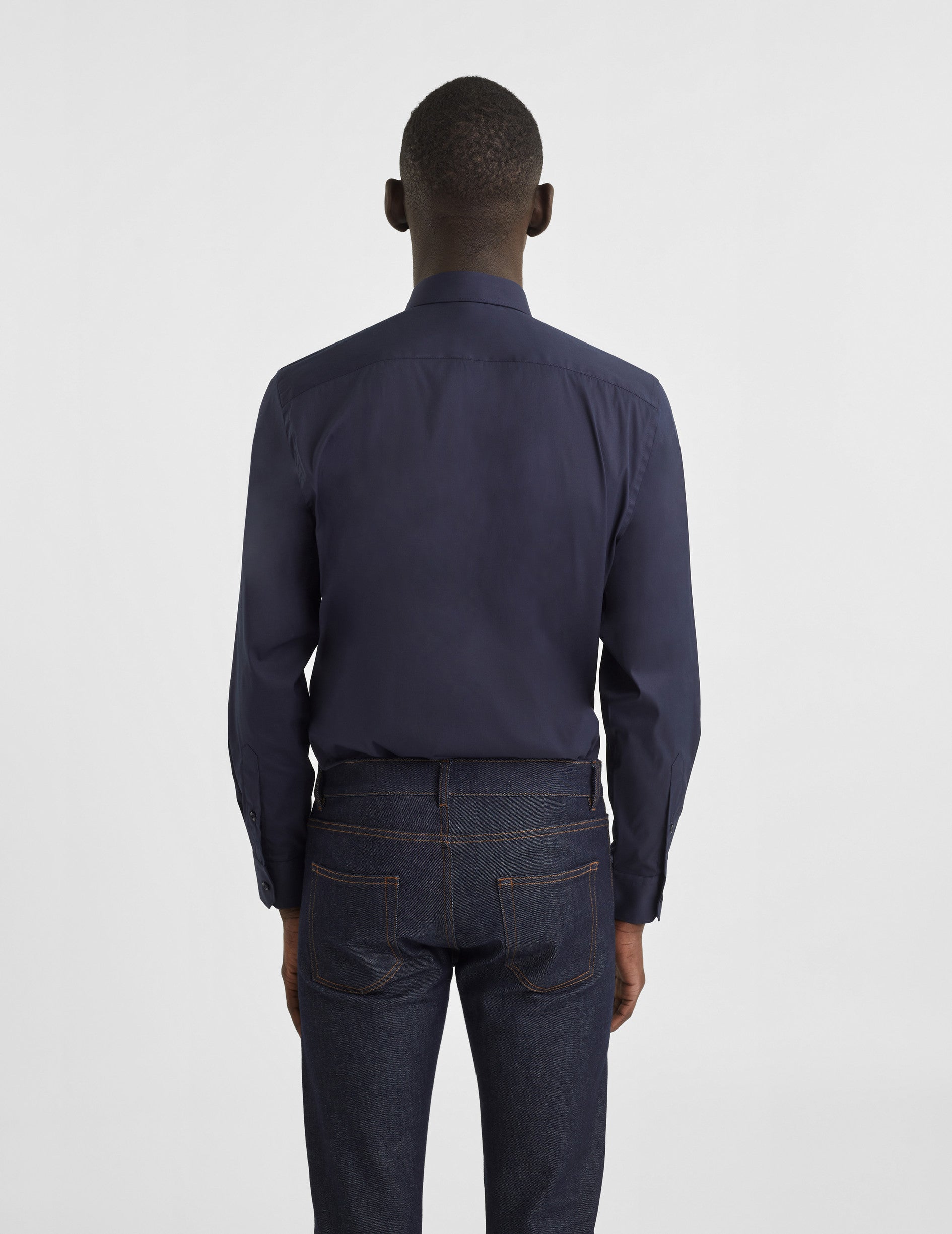 Navy Blue Stretch Semi-Fitted Shirt - Poplin - Figaret Collar