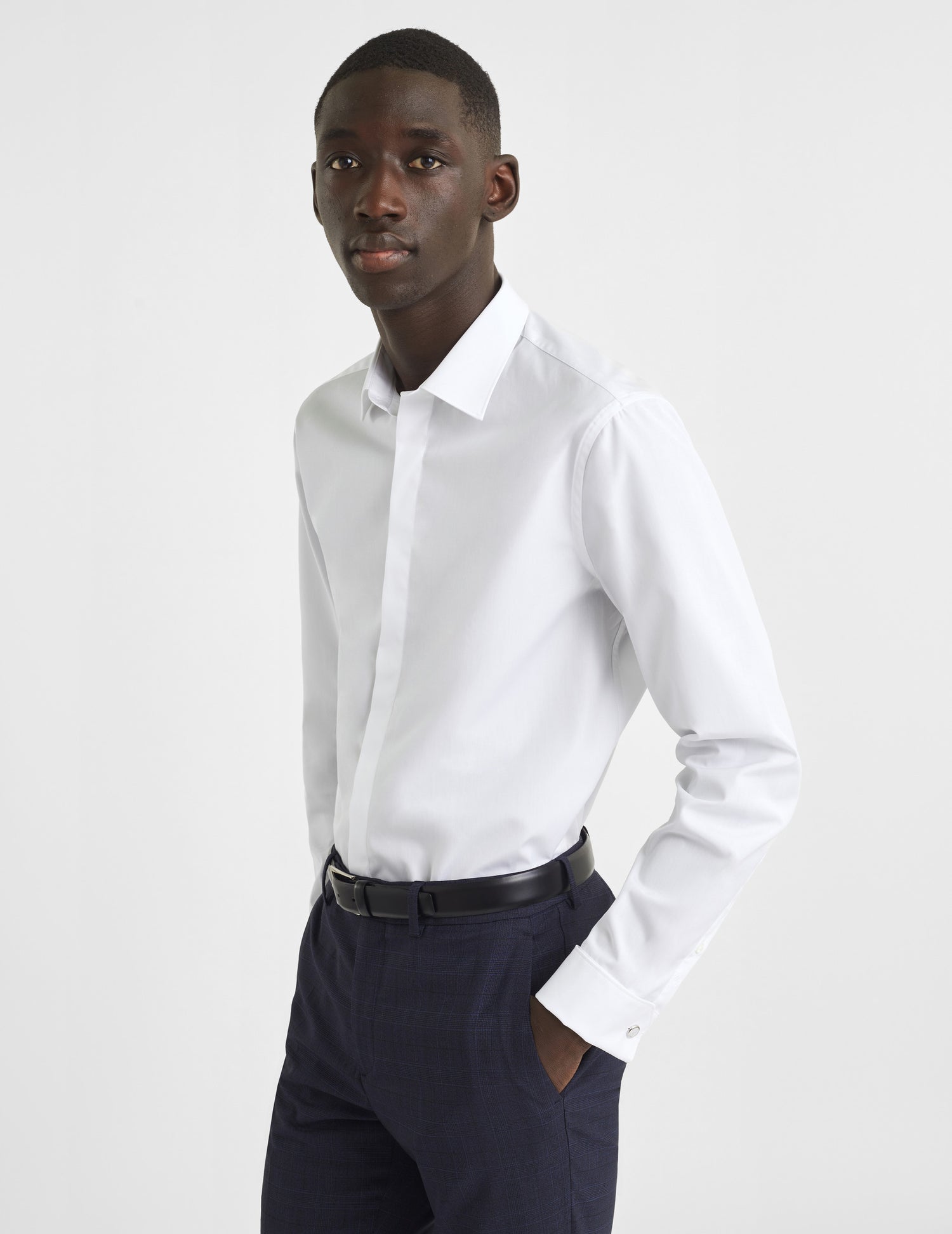 Semi-fitted white hidden buttons placket shirt - Poplin - Figaret Collar - French Cuffs#4