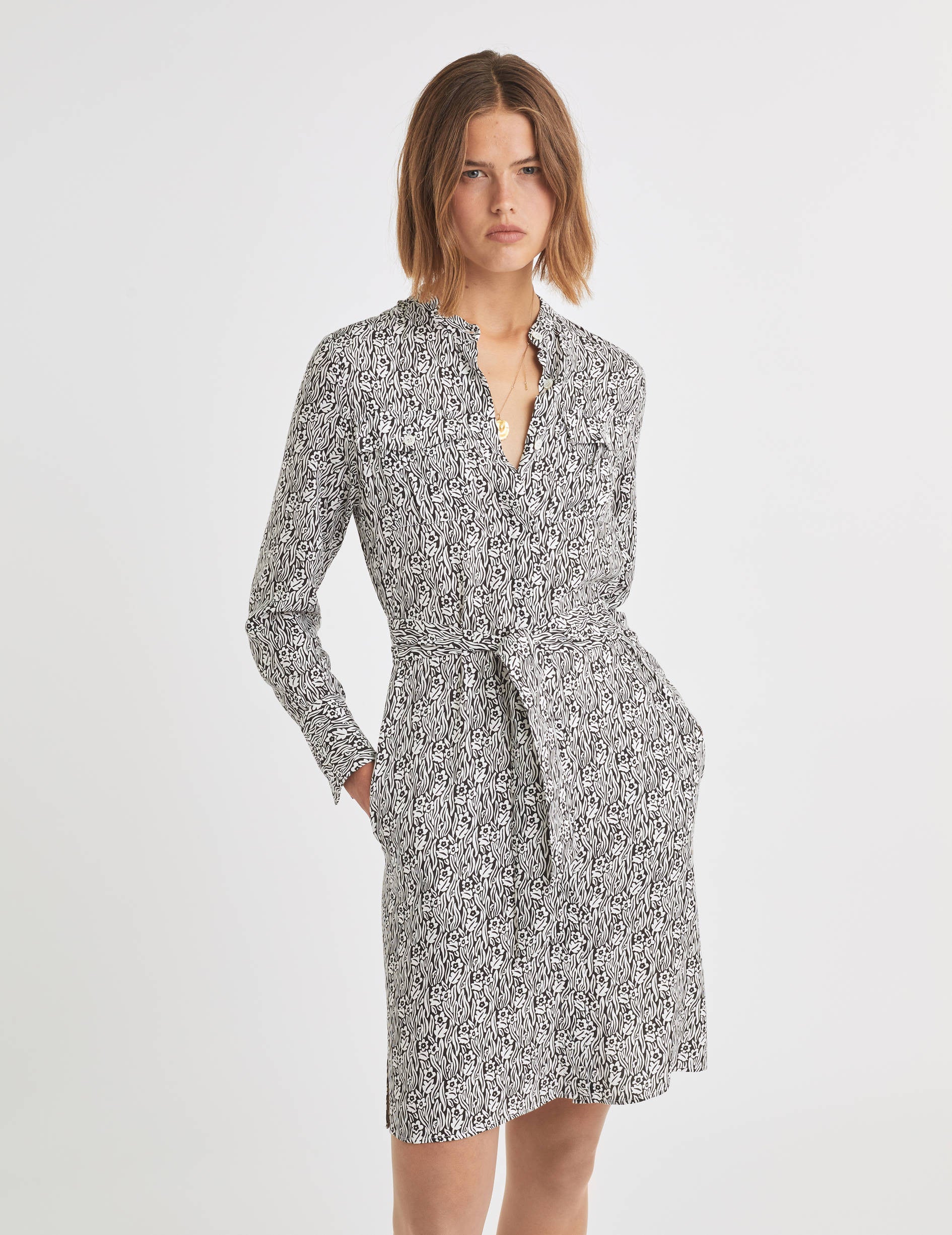 Ava dress in black and white printed viscose