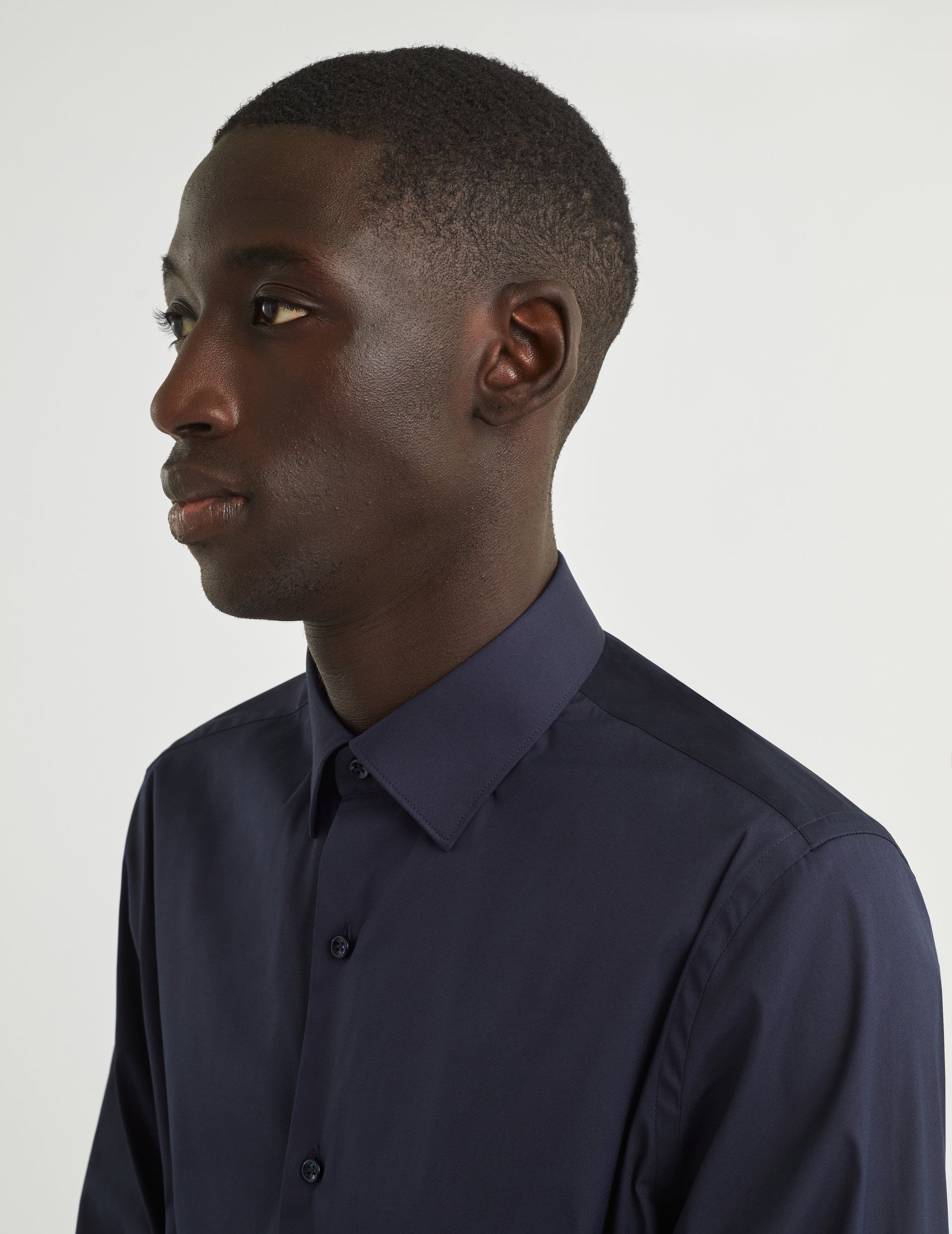 Navy Blue Stretch Semi-Fitted Shirt - Poplin - Figaret Collar
