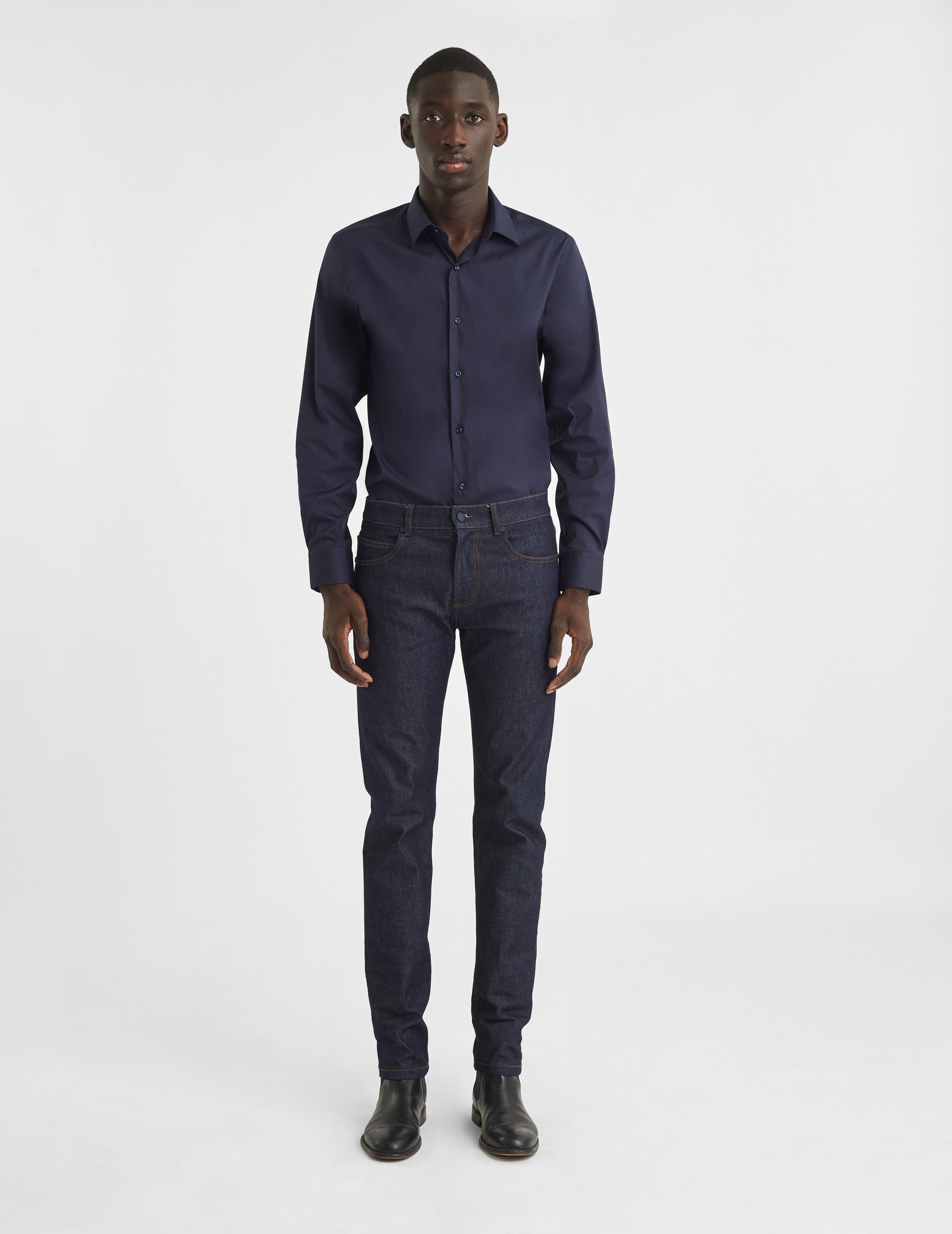 Navy Blue Stretch Semi-Fitted Shirt - Poplin - Figaret Collar