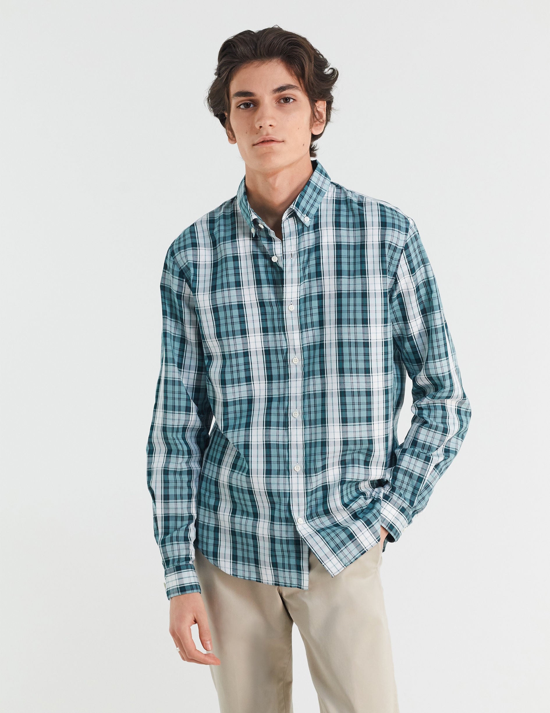 Gaspard shirt with green checks - Poplin - American Collar