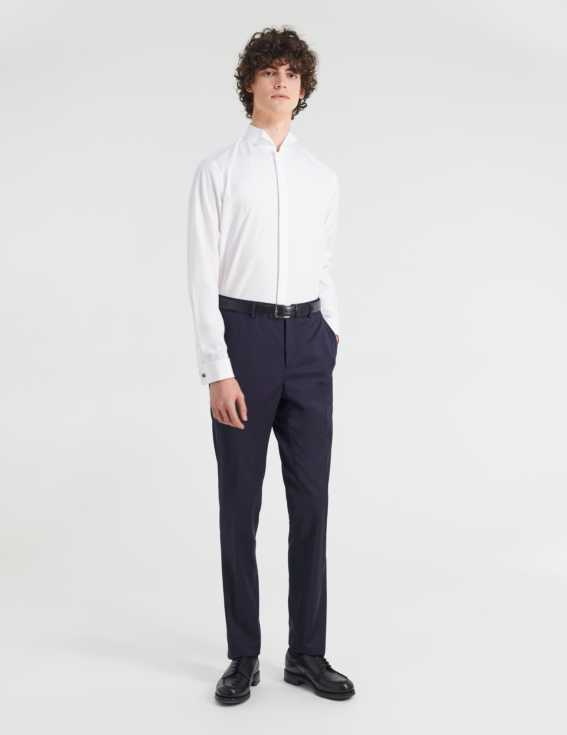 Semi-fitted white hidden buttons placket shirt - Poplin - Wing Collar - French Cuffs