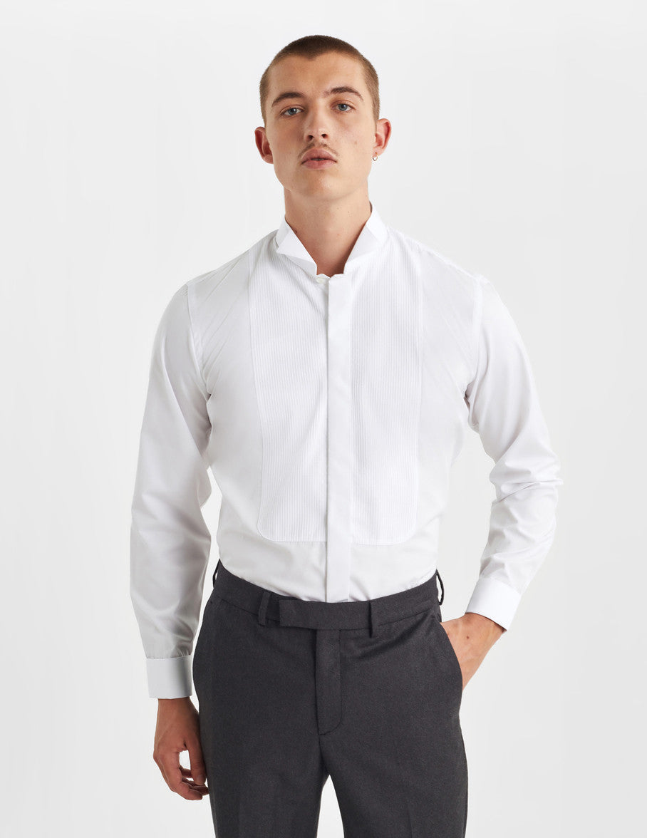 Semi-fitted white hidden buttons placket shirt - Poplin - Wing Collar - French Cuffs