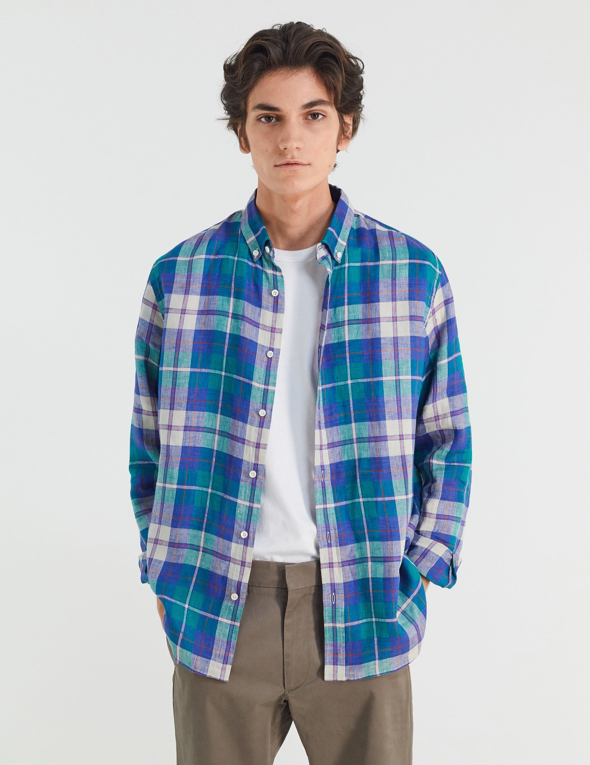 Gaspard linen shirt with blue checks - Linen - American Collar