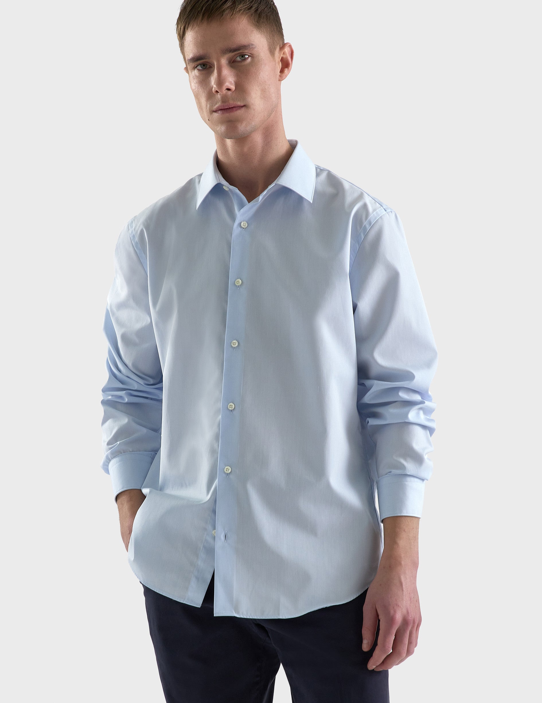 Semi-fitted blue easy-iron shirt - Poplin - Figaret Collar - Easy-iron