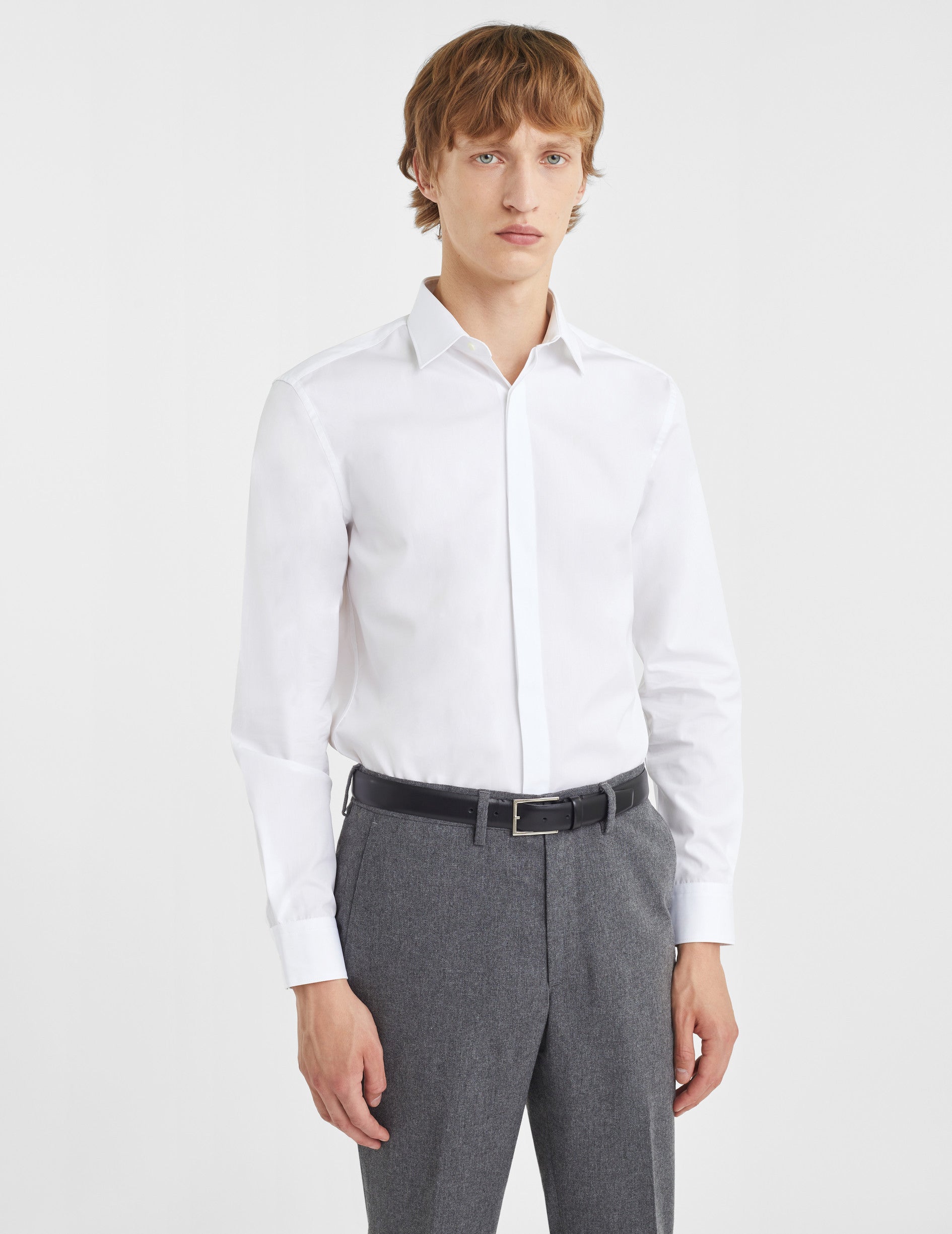 Semi-fitted white hidden buttons placket shirt - Poplin - Figaret Collar
