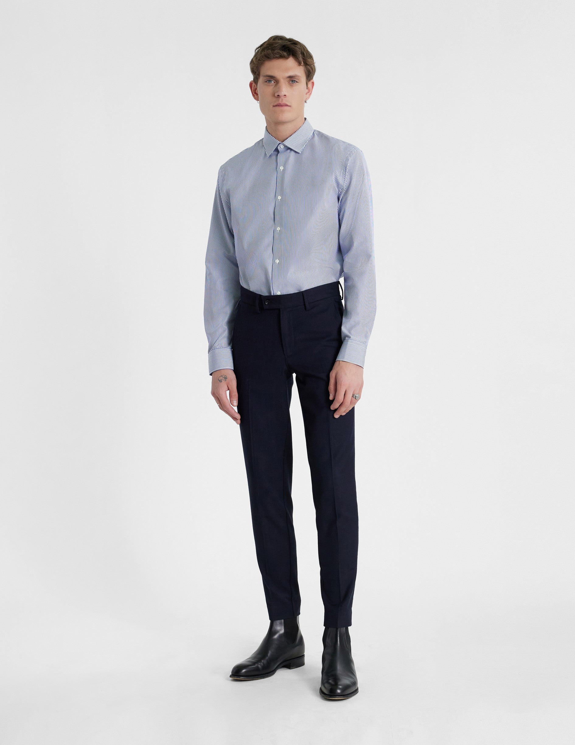 Semi-fitted blue striped shirt - Poplin - Figaret Collar