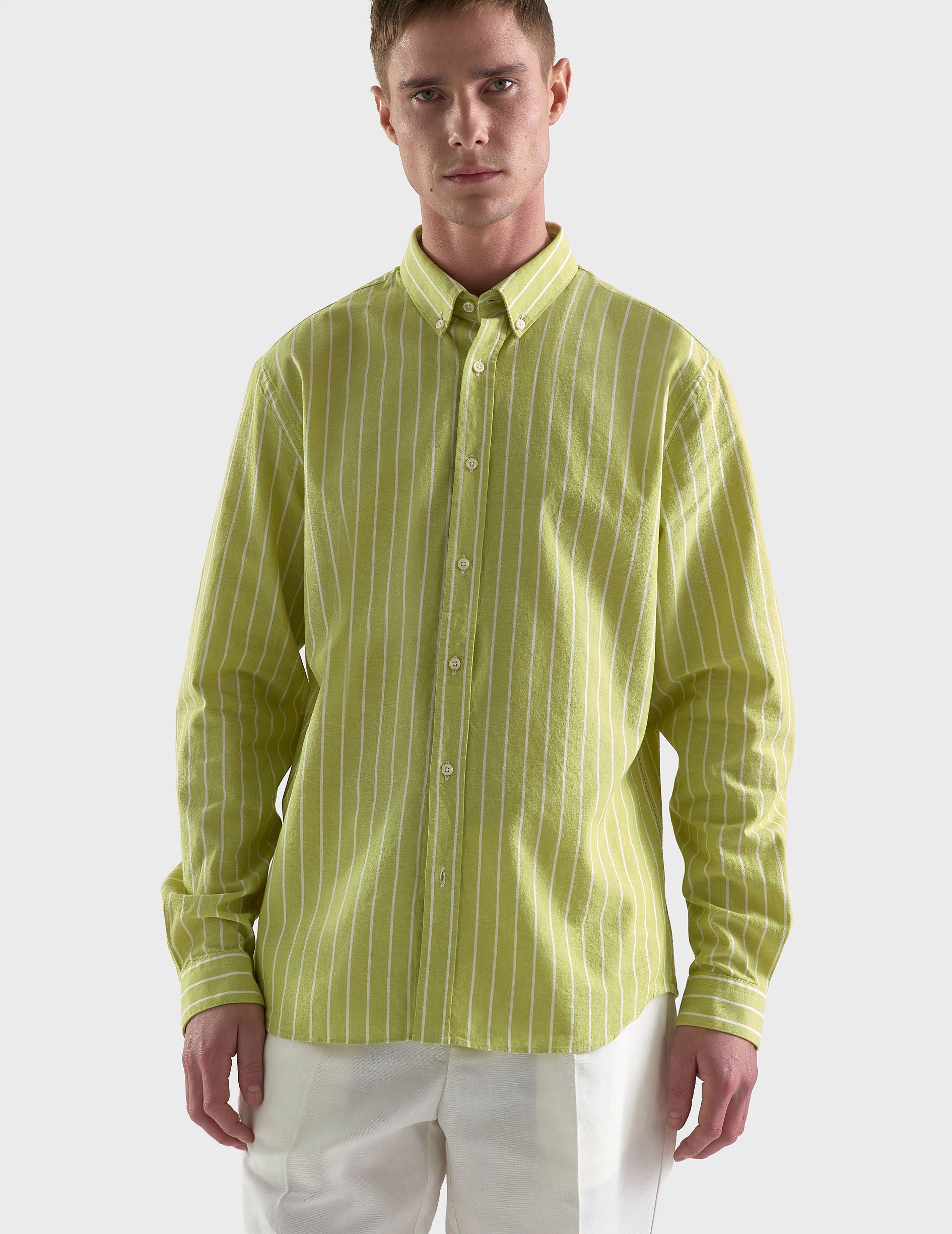 Striped anise green Gaspard shirt - Oxford - American Collar