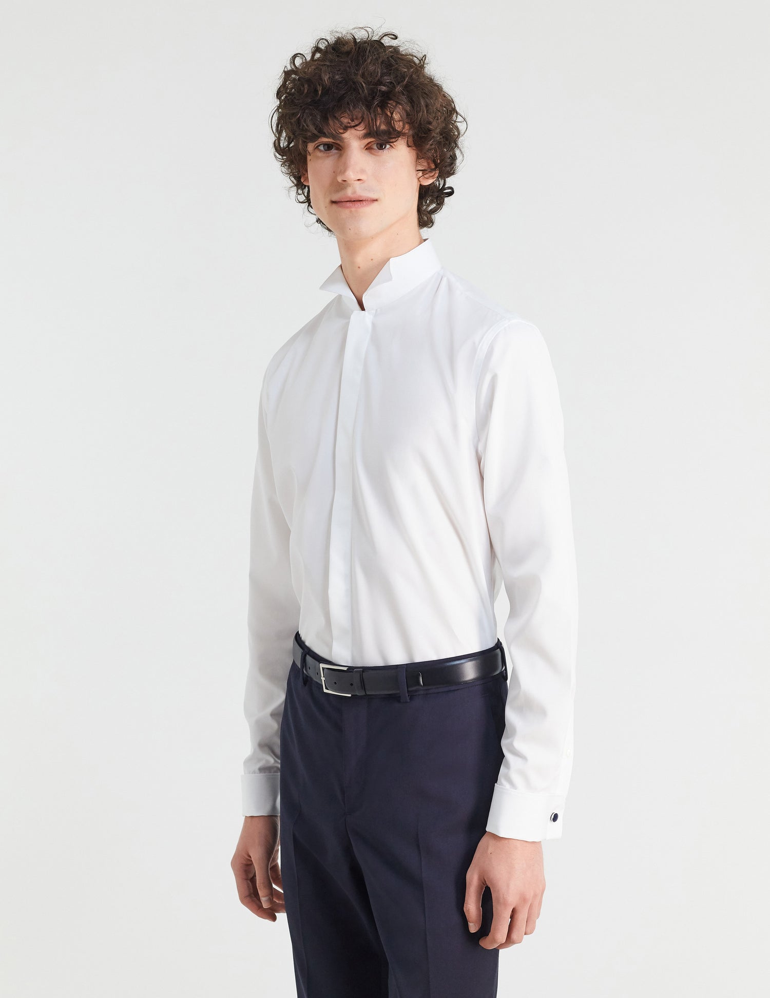 Semi-fitted white hidden buttons placket shirt - Poplin - Wing Collar - French Cuffs#3