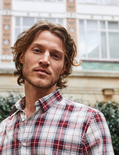 Classic burgundy checked cotton voile shirt