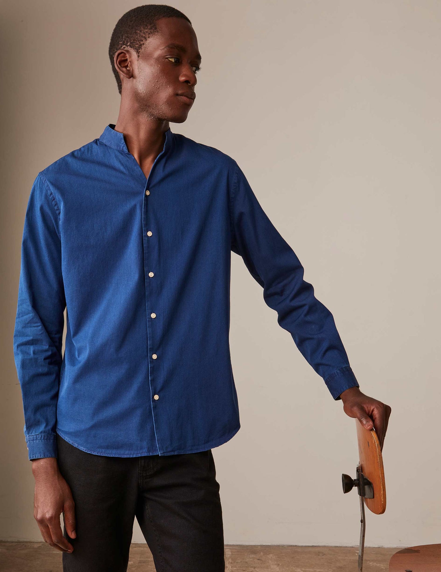 Navy blue denim Carl shirt - Twill - Open straight Collar