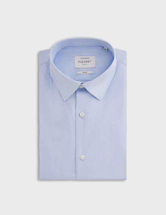 Fitted blue striped stretch shirt - Poplin - Figaret Collar