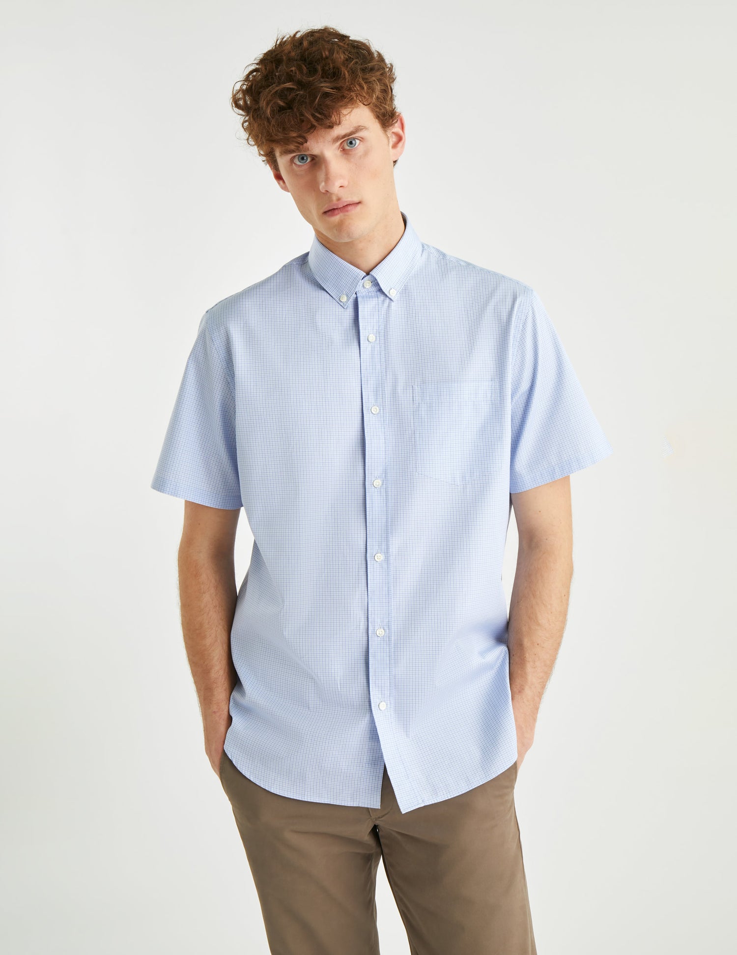 Classic short sleeve blue checked shirt - Poplin - American Collar#3