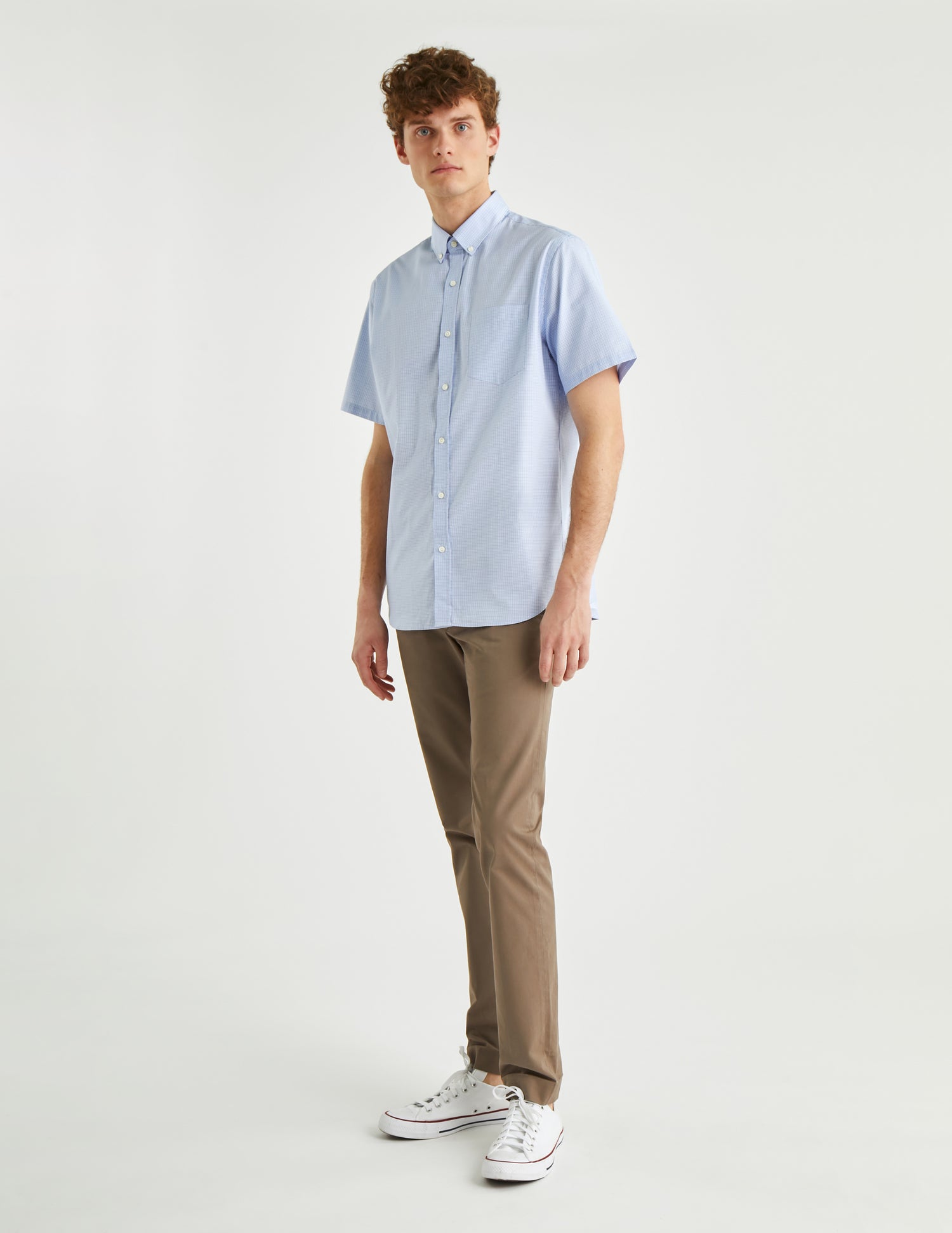 Classic short sleeve blue checked shirt - Poplin - American Collar#5