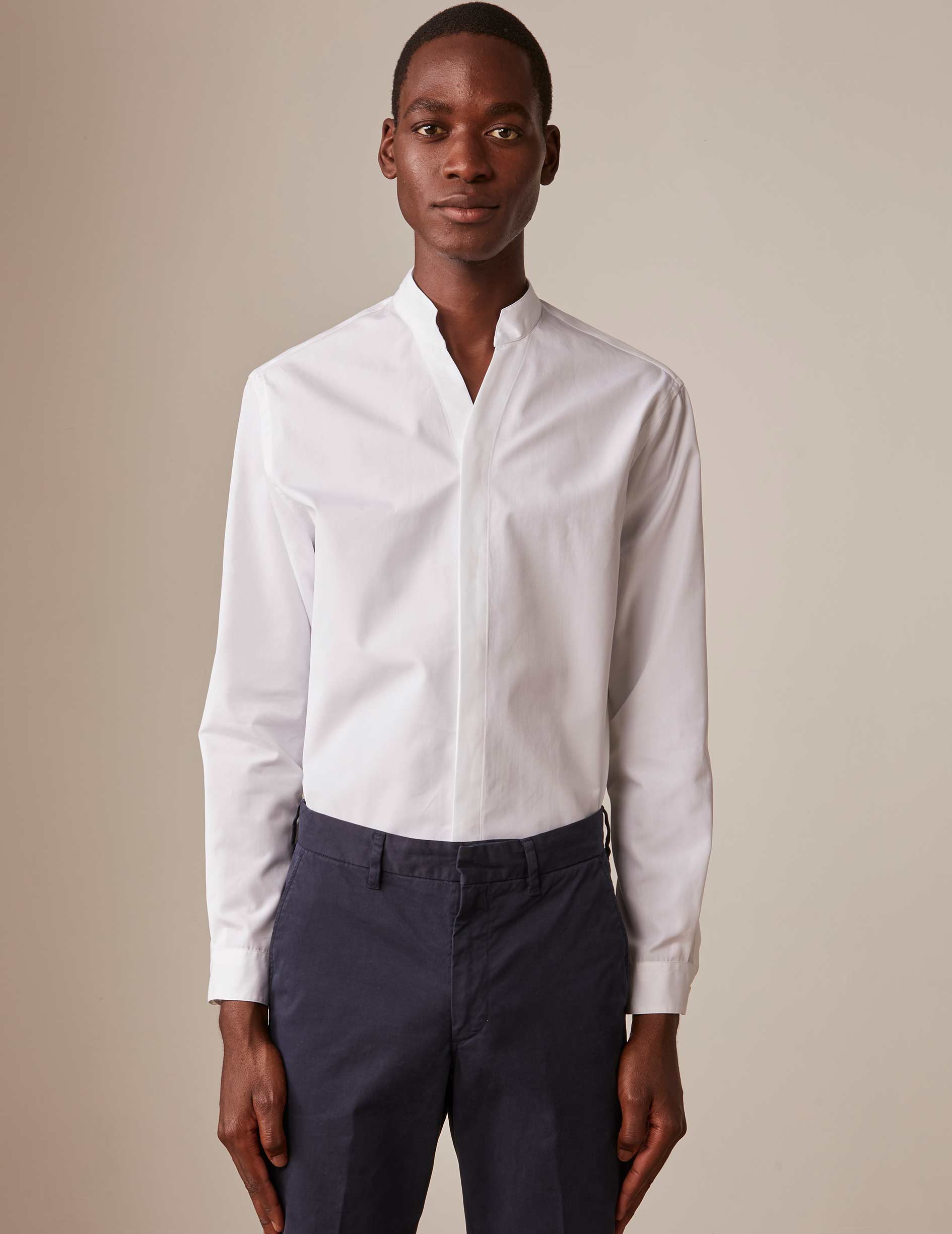 White Carl Hidden Throat Shirt - Poplin - Open straight  Collar