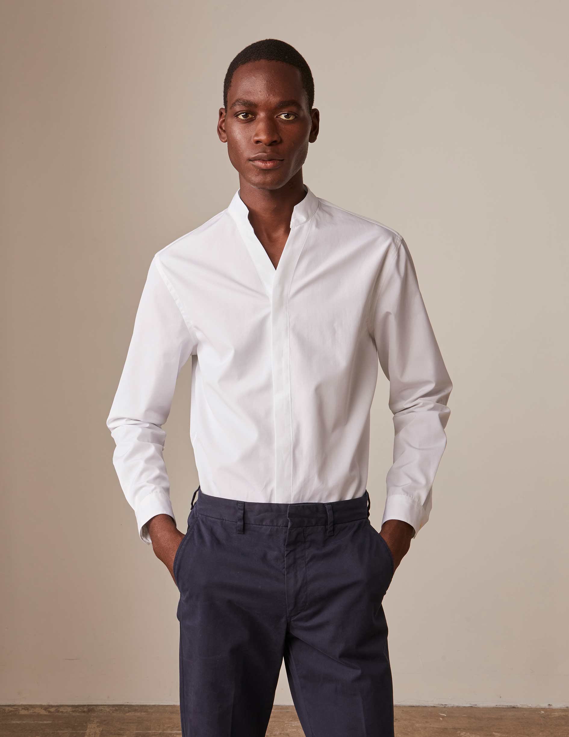 White Carl Hidden Throat Shirt - Poplin - Open straight  Collar