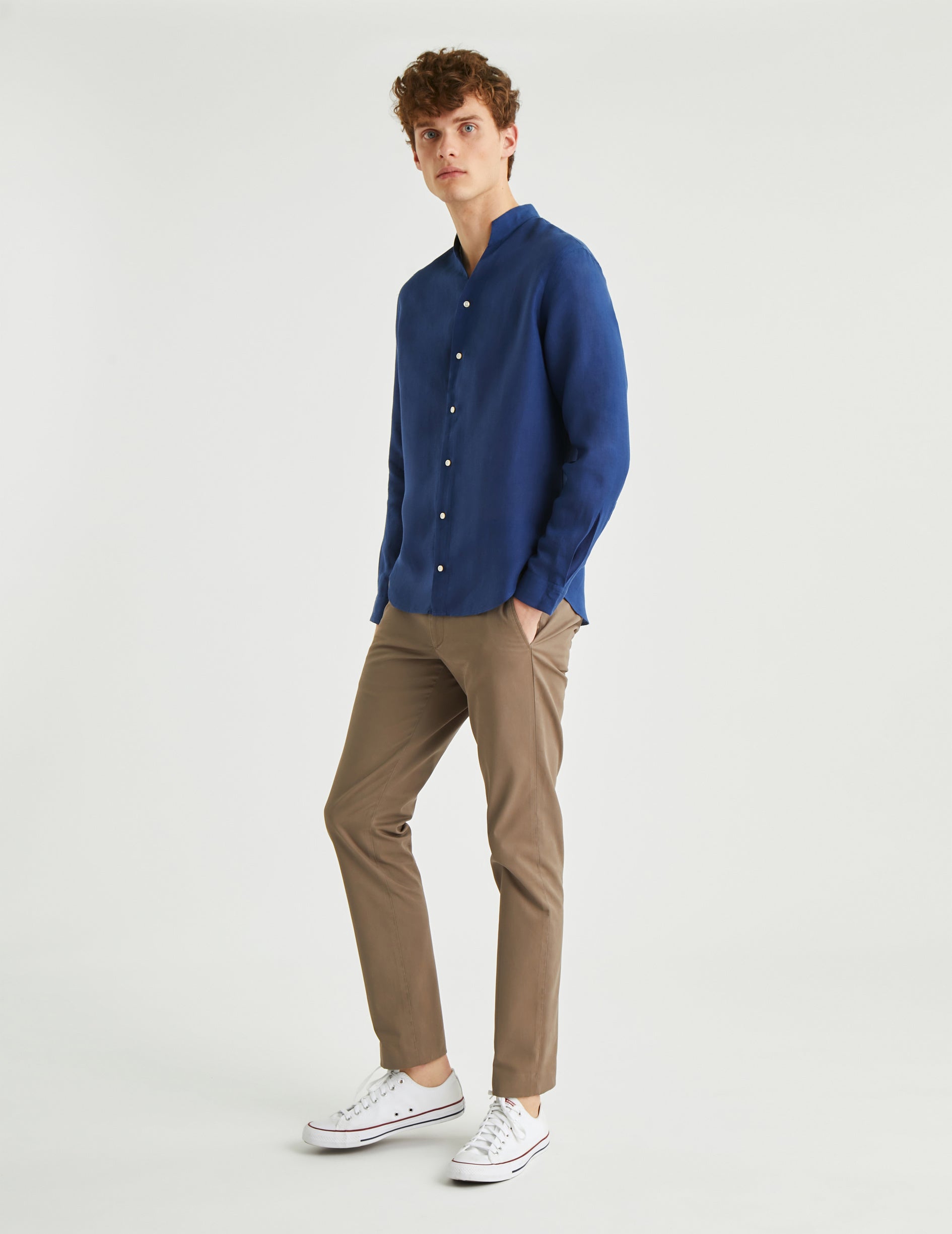 Navy linen Carl shirt - Linen - Open straight Collar